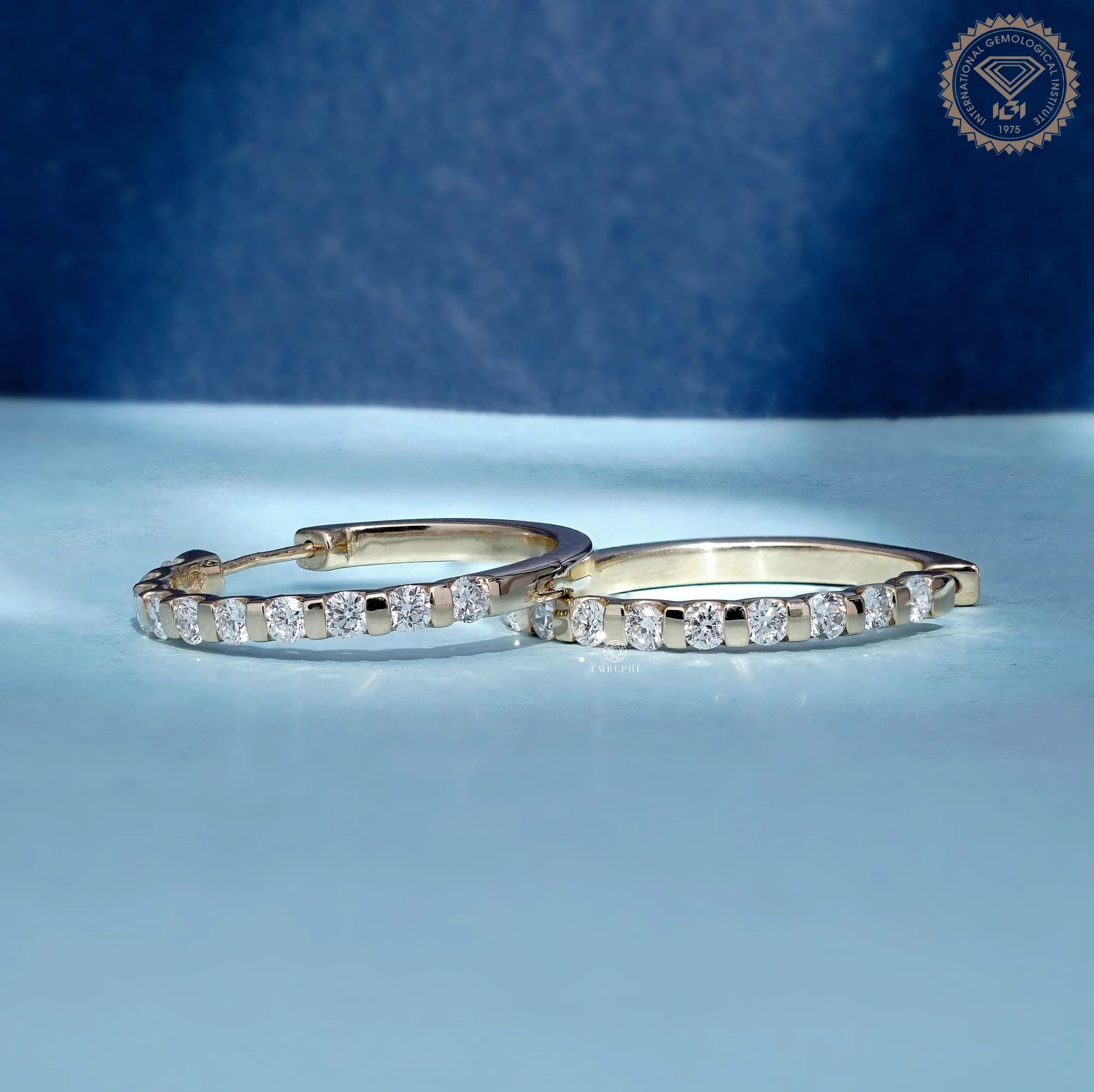 Round Cut Gold Hoop Earrings, Sustainable Dangle Pave Hoops, Channel Set Gold Hoops — view 4
