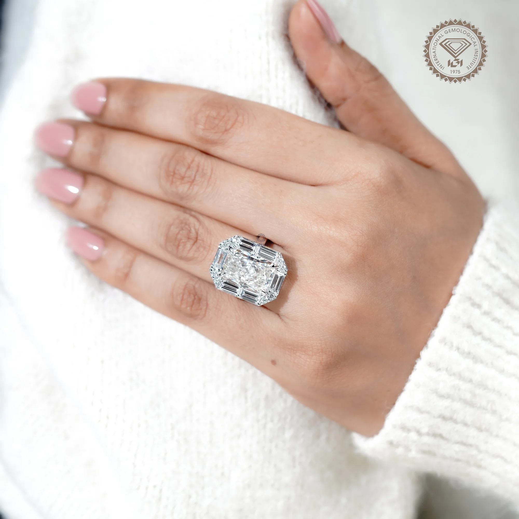 Radiant Cut Lab Grown Halo Diamond Ring, Baguette Diamond Halo Wedding Ring, Conflict Free Diamond — view 12