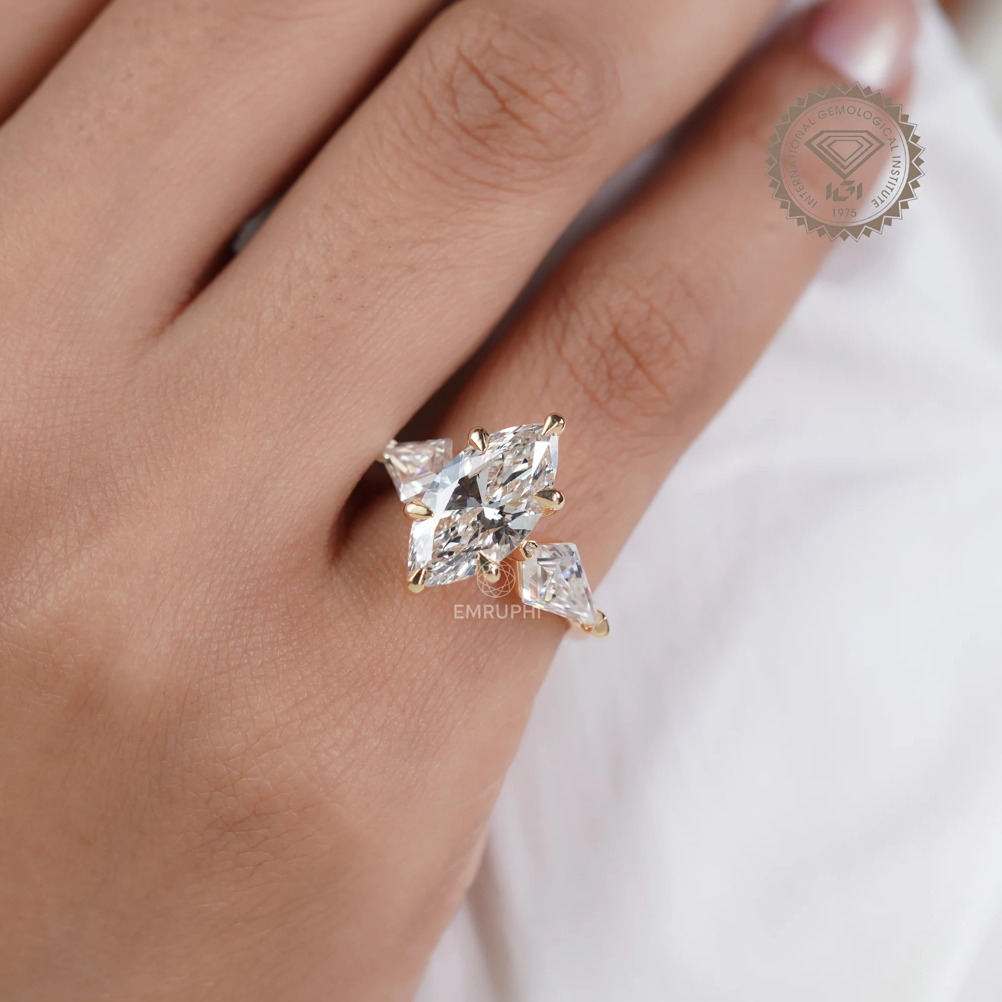 3 CT Marquise Lab Diamond Ring, Kite Side Stones, 14K Gold Wedding Ring — view 12