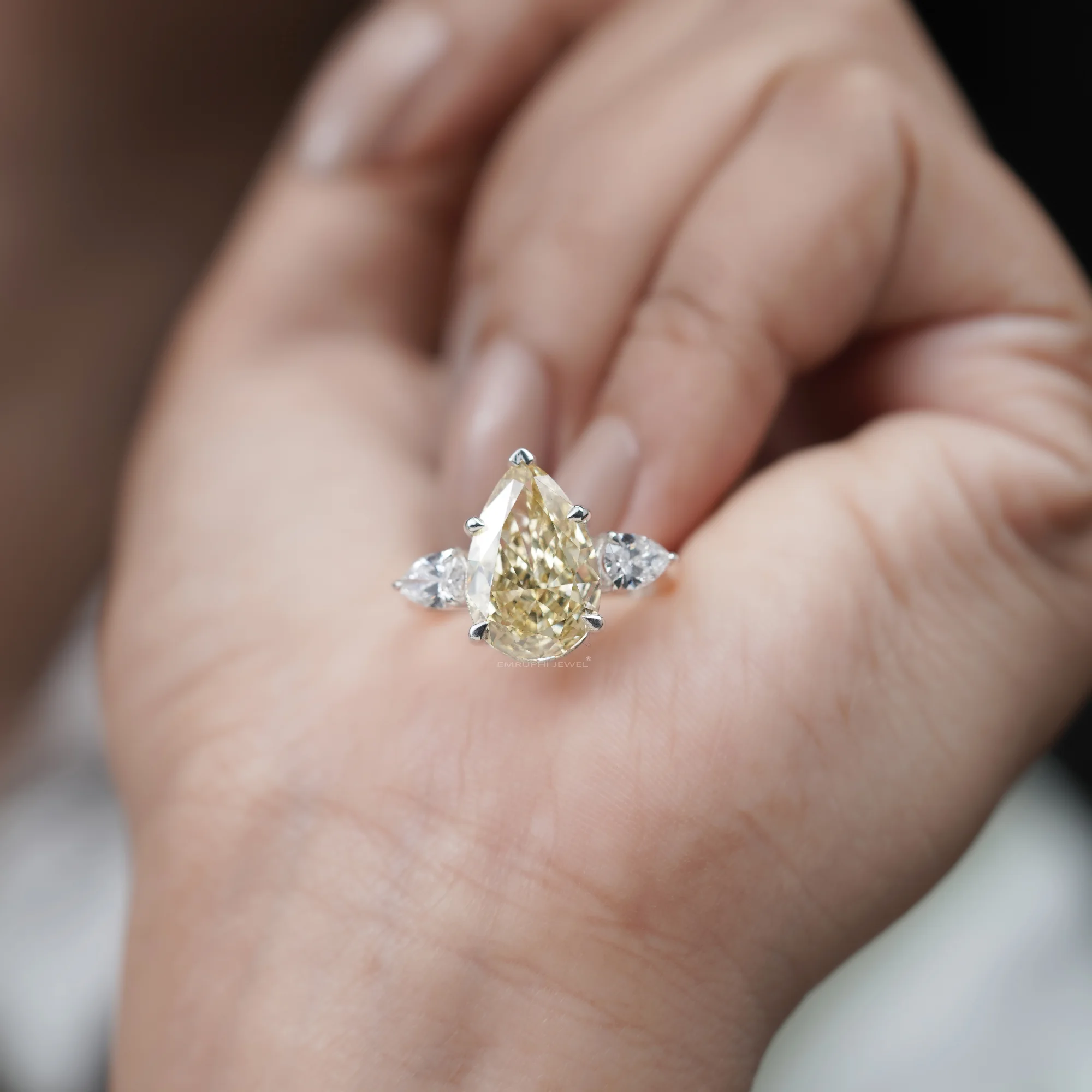 4 CT Lab Grown Yellow Pear Cut Diamond Ring With Side Stones, Three-Stone Wedding Ring — view 9