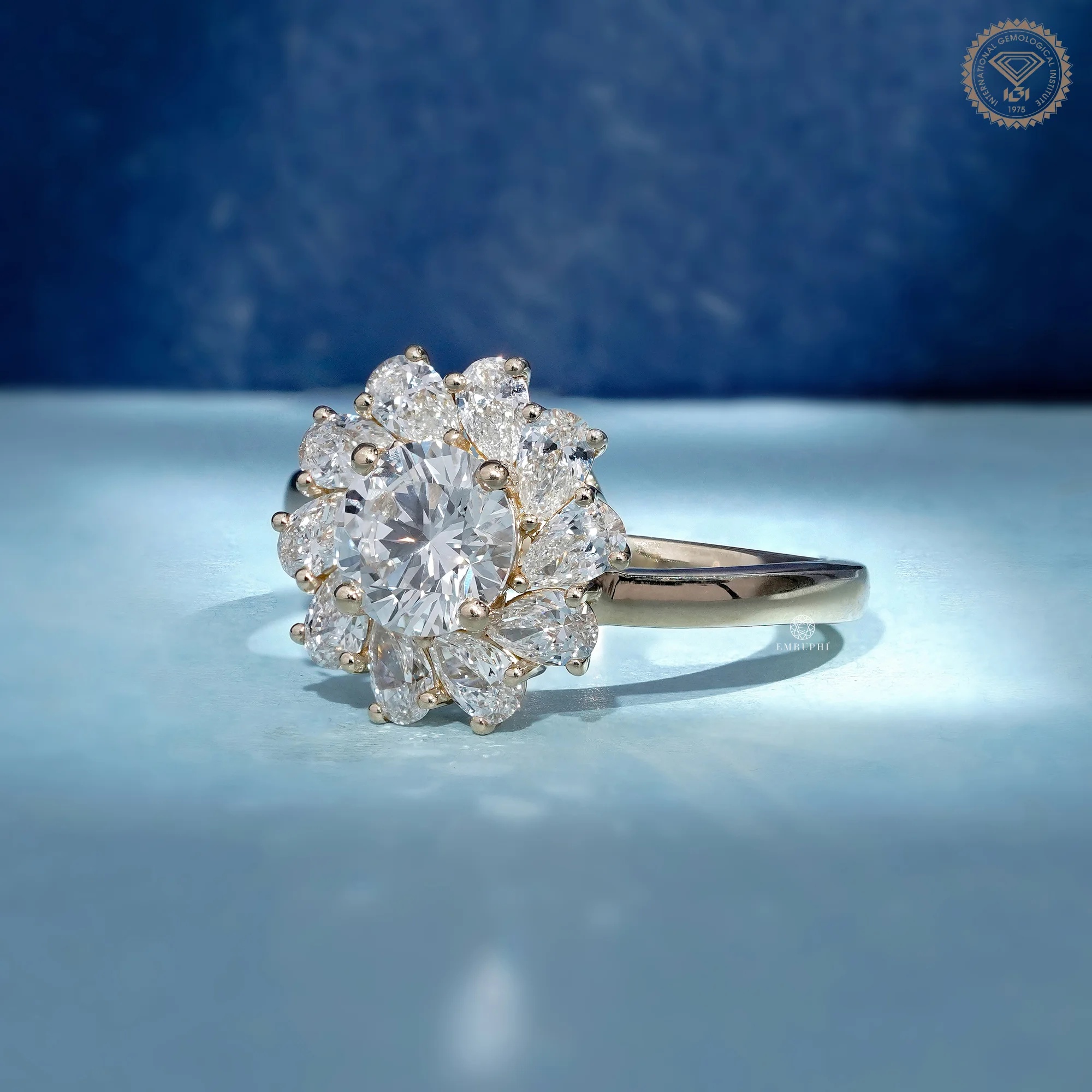 Round Cut Lab Grown Diamond Floral Halo Ring, Pear Diamond Sunburst Engagement Ring — view 2
