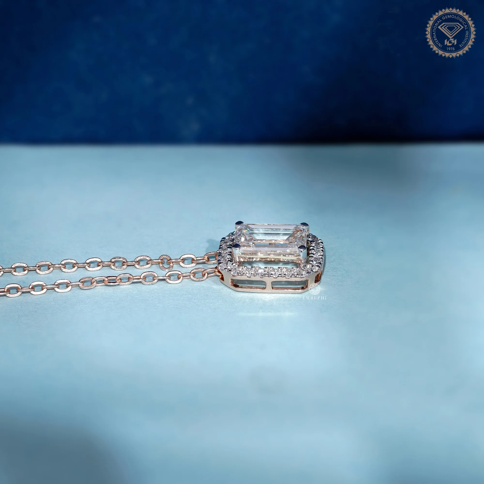 1 CT Emerald Cut Lab Grown Diamond Necklace, Halo Pendant Rose Gold Chain, Two Tone Pendant — view 4