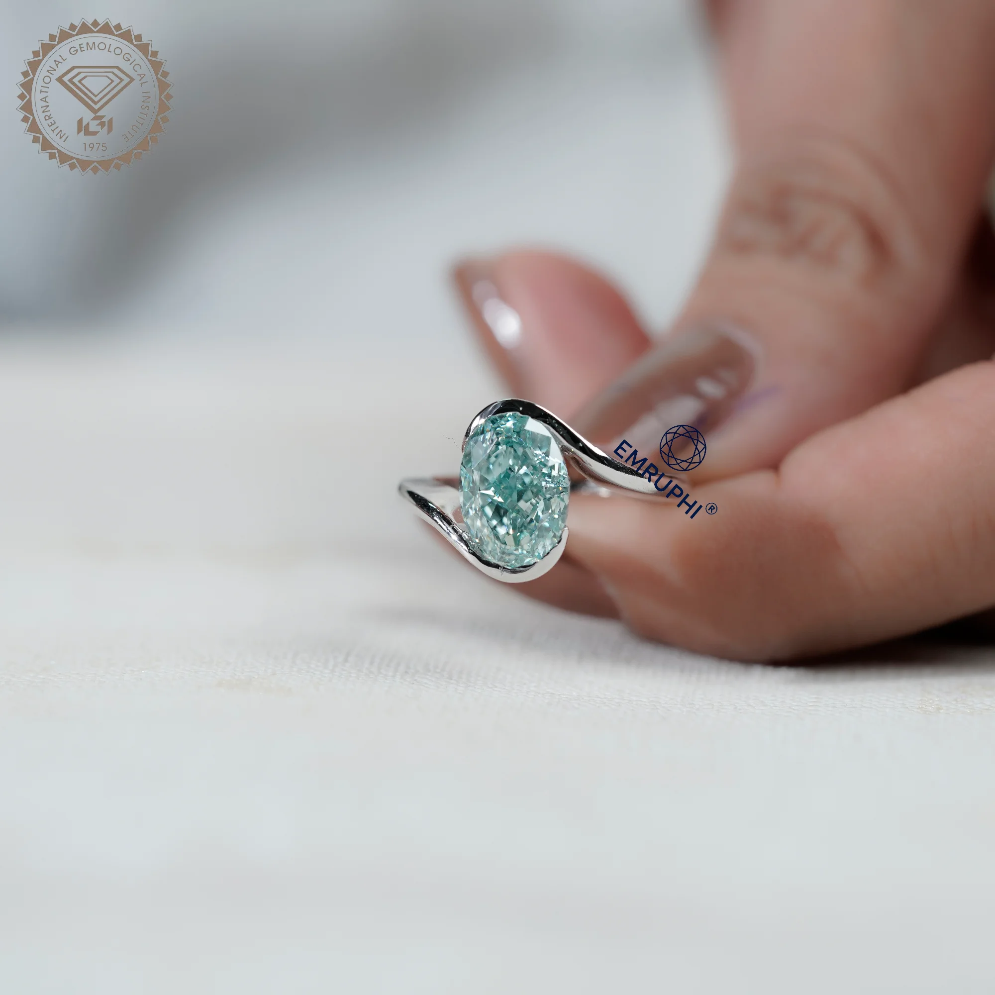 Oval Cut Lab Grown Diamond Ring, 14k White Gold, Antique Greenish Colording Ring — view 5