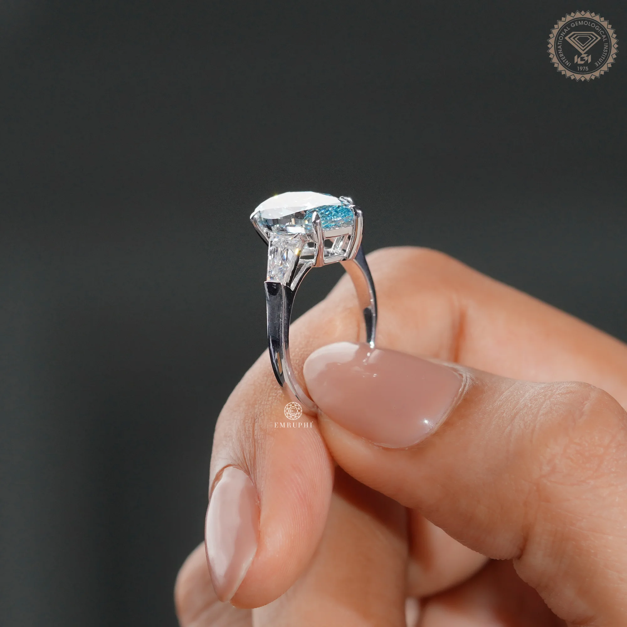 5 CT Vivid Blue Pear Lab Grown Diamond Engagement Ring, Tapered Baguette Side Stones — view 12