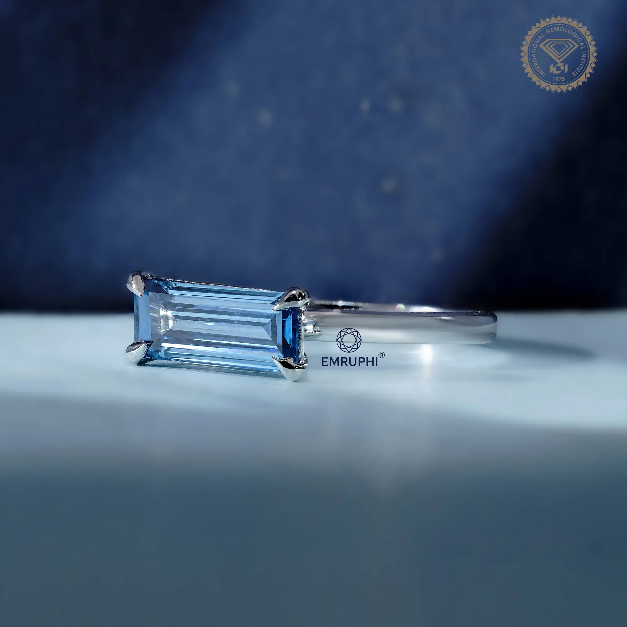 Baguette Diamond Solitaire Ring, Vivid Blue Lab Diamond Baguette — view 3