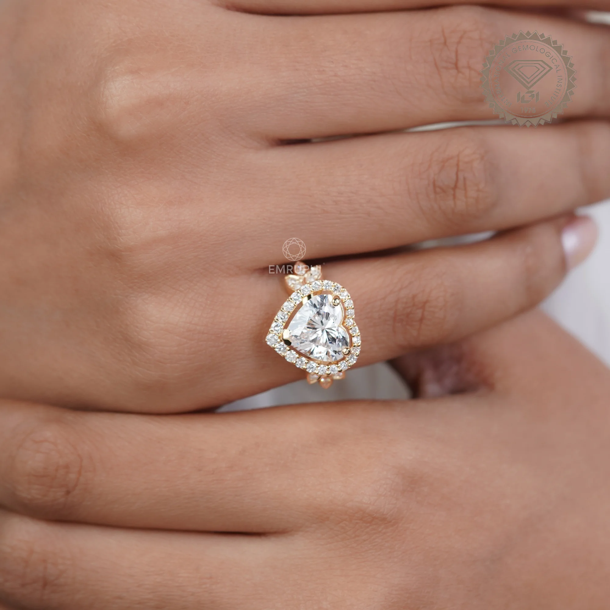 Heart Cut Halo Lab Grown Diamond Ring with Floral Side Accents, Romantic Heart Engagement Ring — view 10