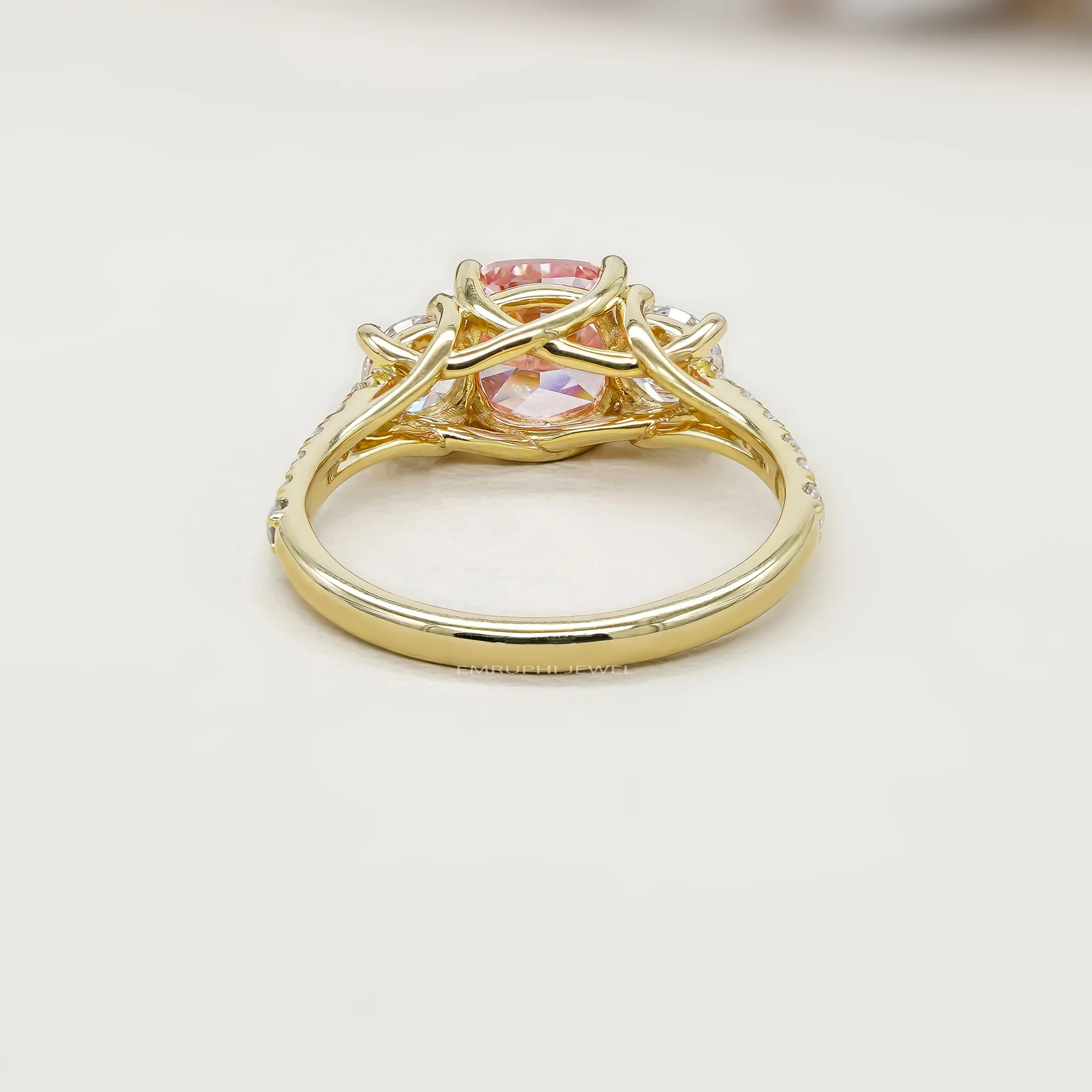 Pink Cushion Lab Grown Diamond Ring, 14K Yellow Gold Three Stone Engagement (IGI Certified) — view 4