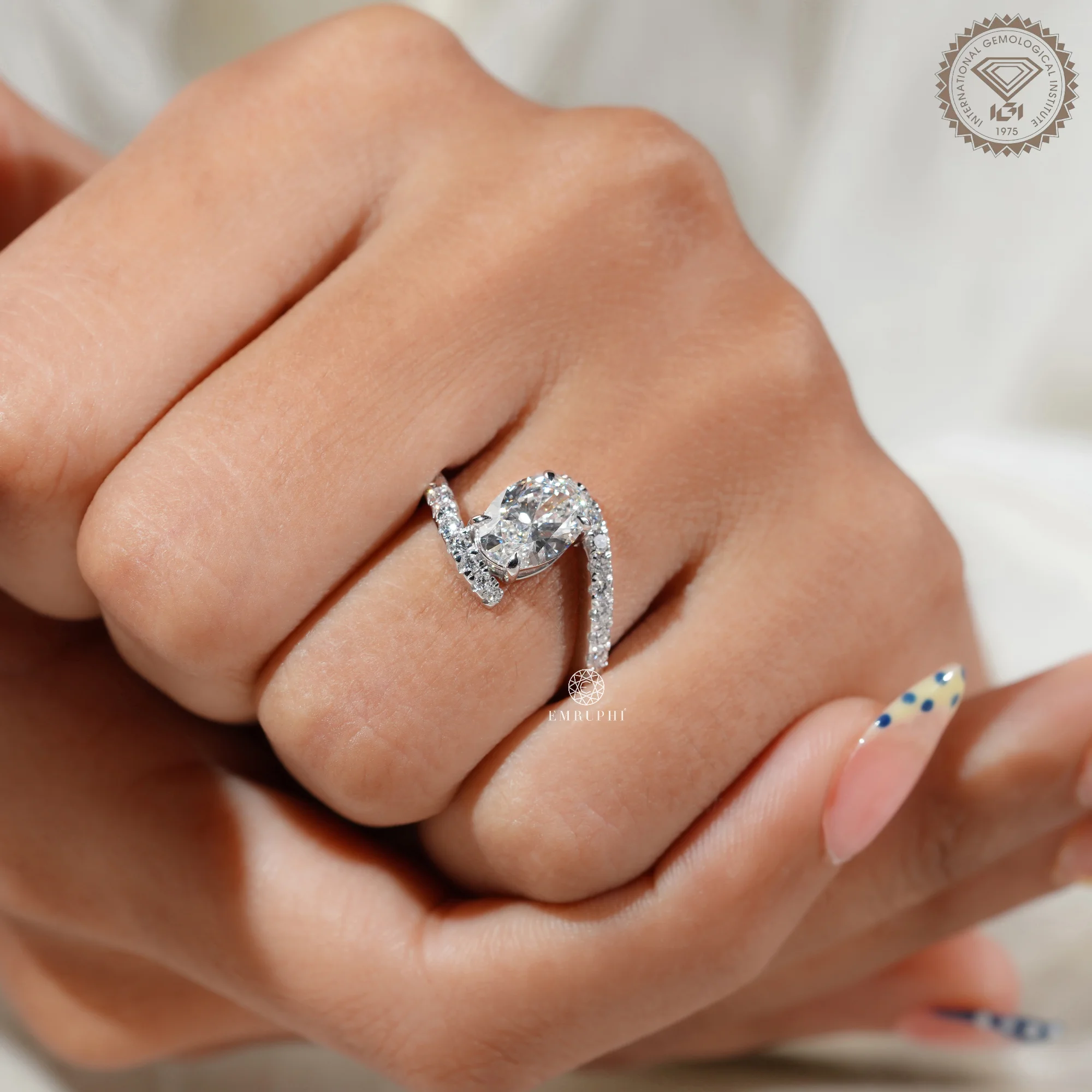 Oval Lab Grown Diamond Engagement Ring, Curved Diamond Band, Double Band Solitaire Ring — view 10