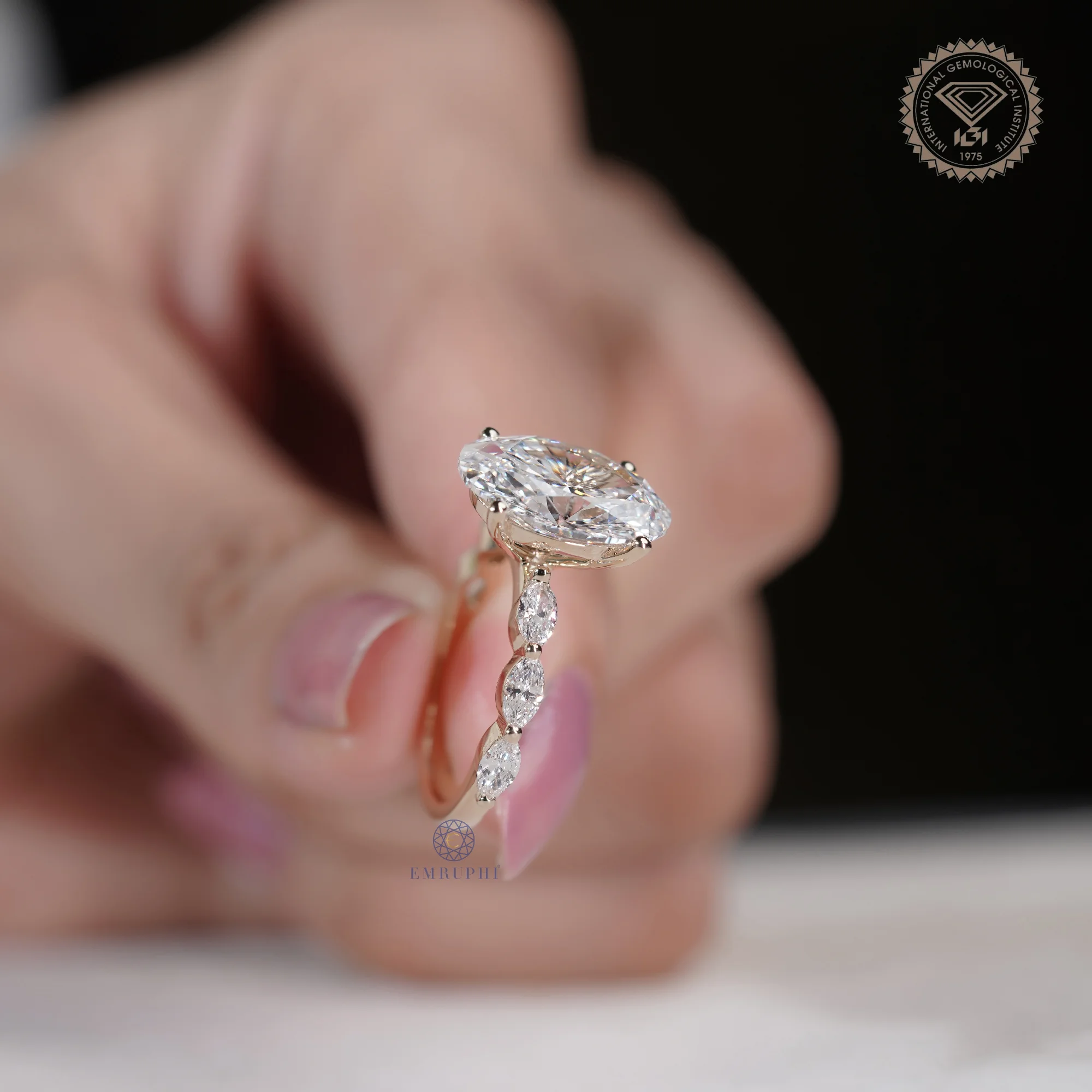 5 CT Oval Lab Grown Diamond Ring, Oval Diamond Engagement Ring, Marquise Side Stone Ring — view 6