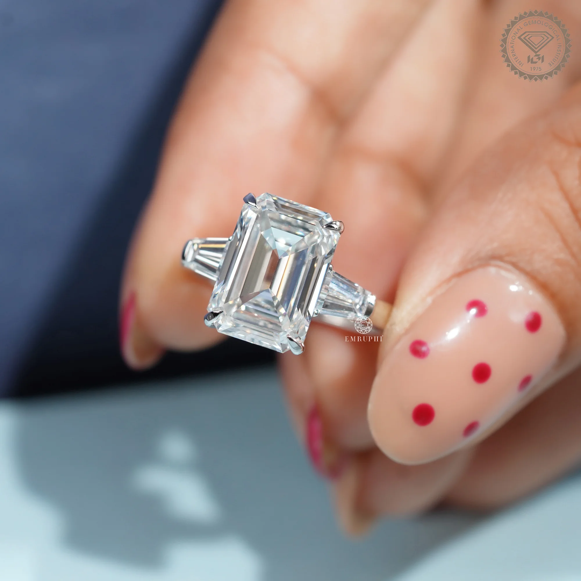 5.5 CT Emerald Cut Lab Diamond Ring with Tapered Baguette Side Stones, IGI Certified Diamond — view 5