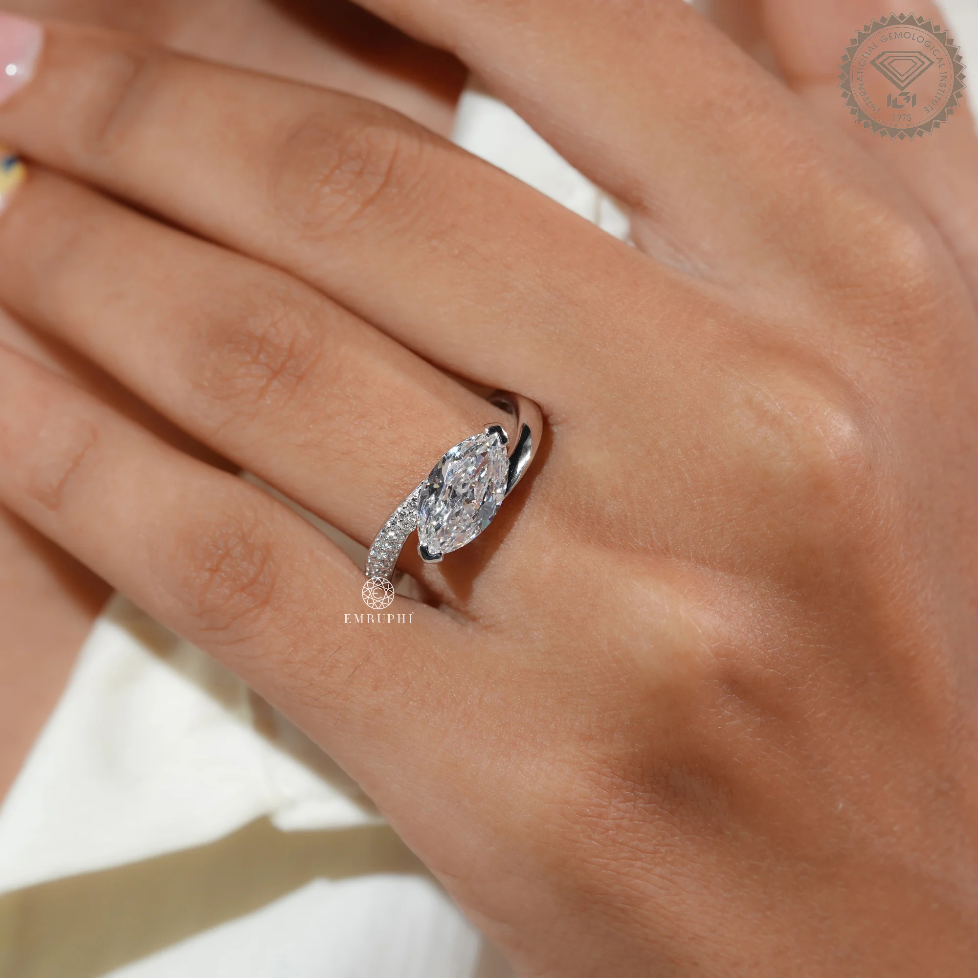 East to West Marquise Cut Diamond Engagement Ring with Bypass Setting, Wedding Ring For Women — view 8