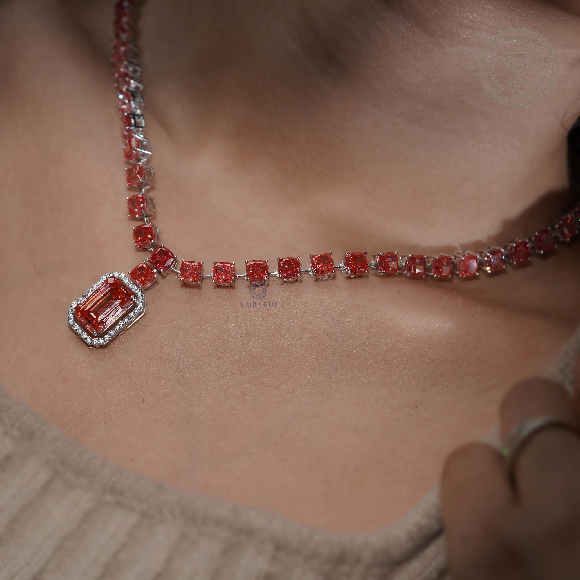 7.25 CT Vivid Pink Emerald Cut Halo Pendant Necklace, Cushion Tennis Necklace — view 14