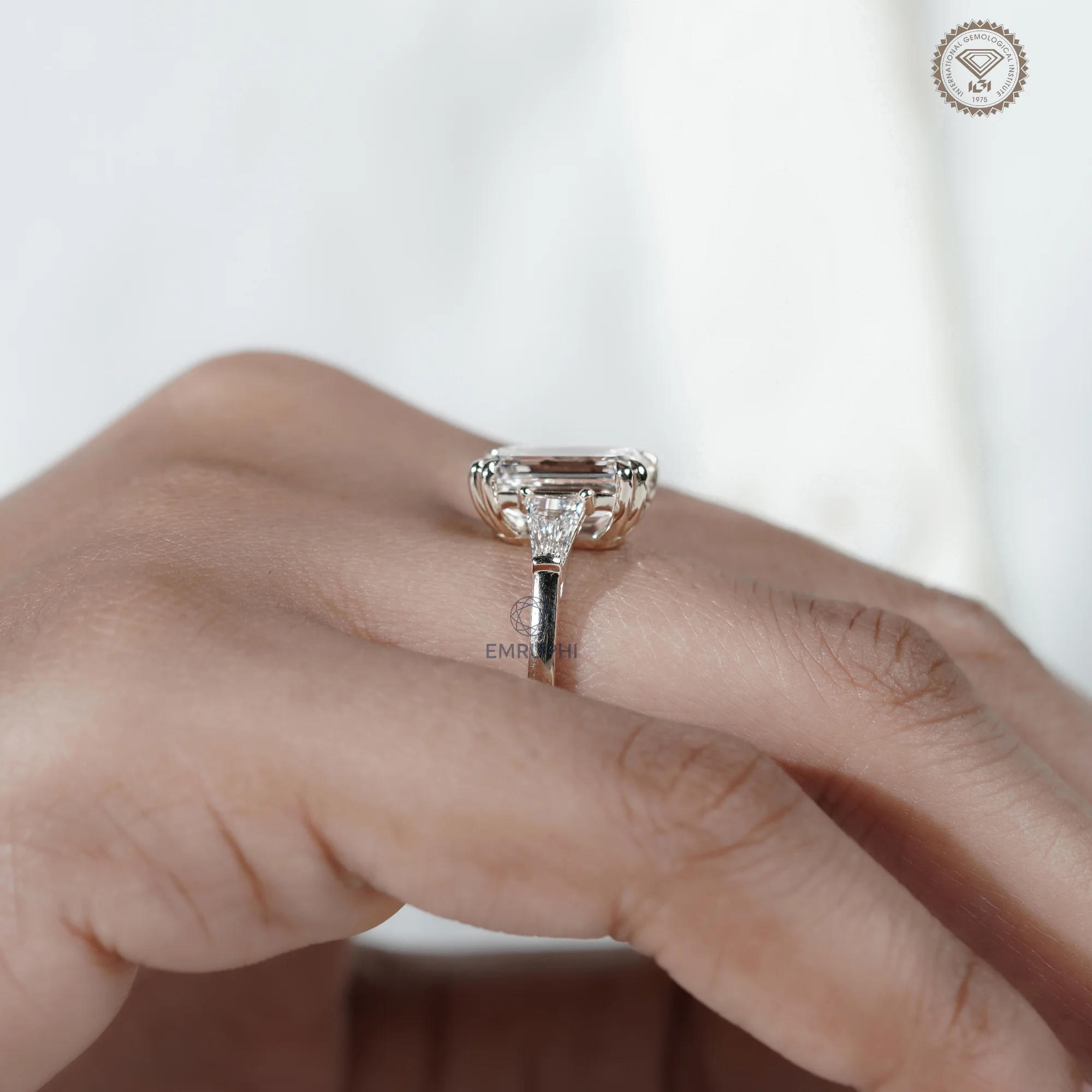 5 Carat Emerald Cut Lab Grown Diamond Engagement Ring , Trapezoid Side Stones — view 10