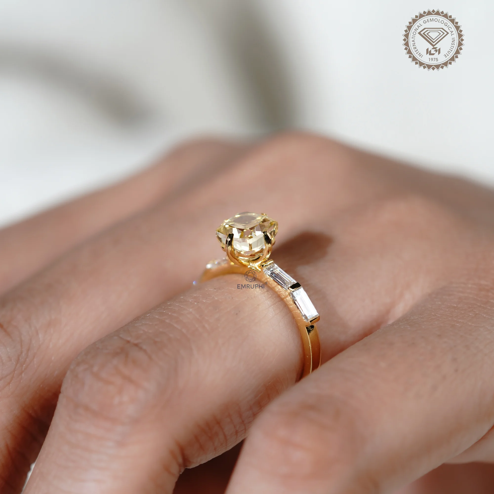 1.5 CT Vivid Yellow Cushion Cut Lab Diamond Ring, 18k Gold Baguette Side Stones — view 12