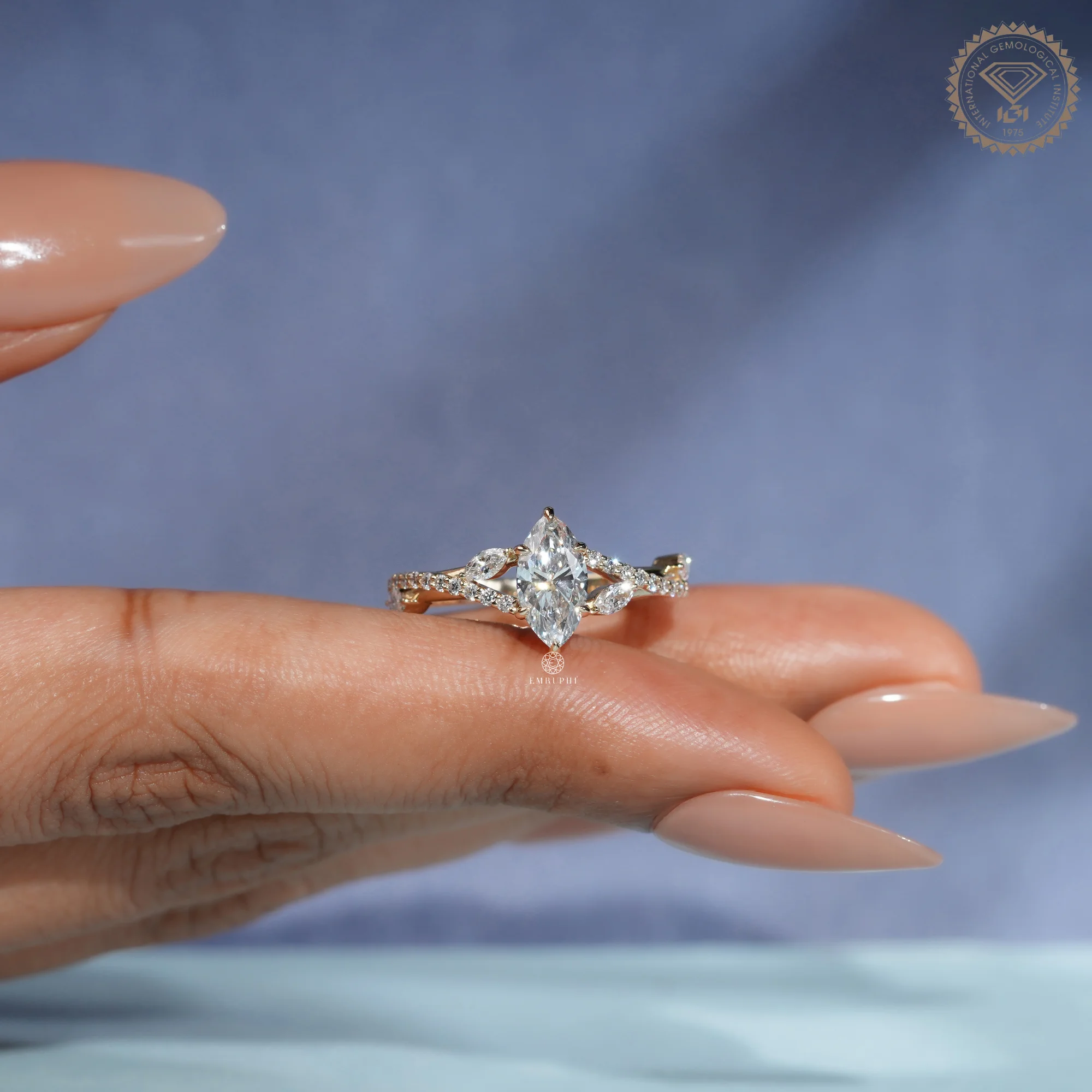 1.00 CT Marquise Lab Grown Diamond Engagement Ring, Twisted Diamond Band — view 8