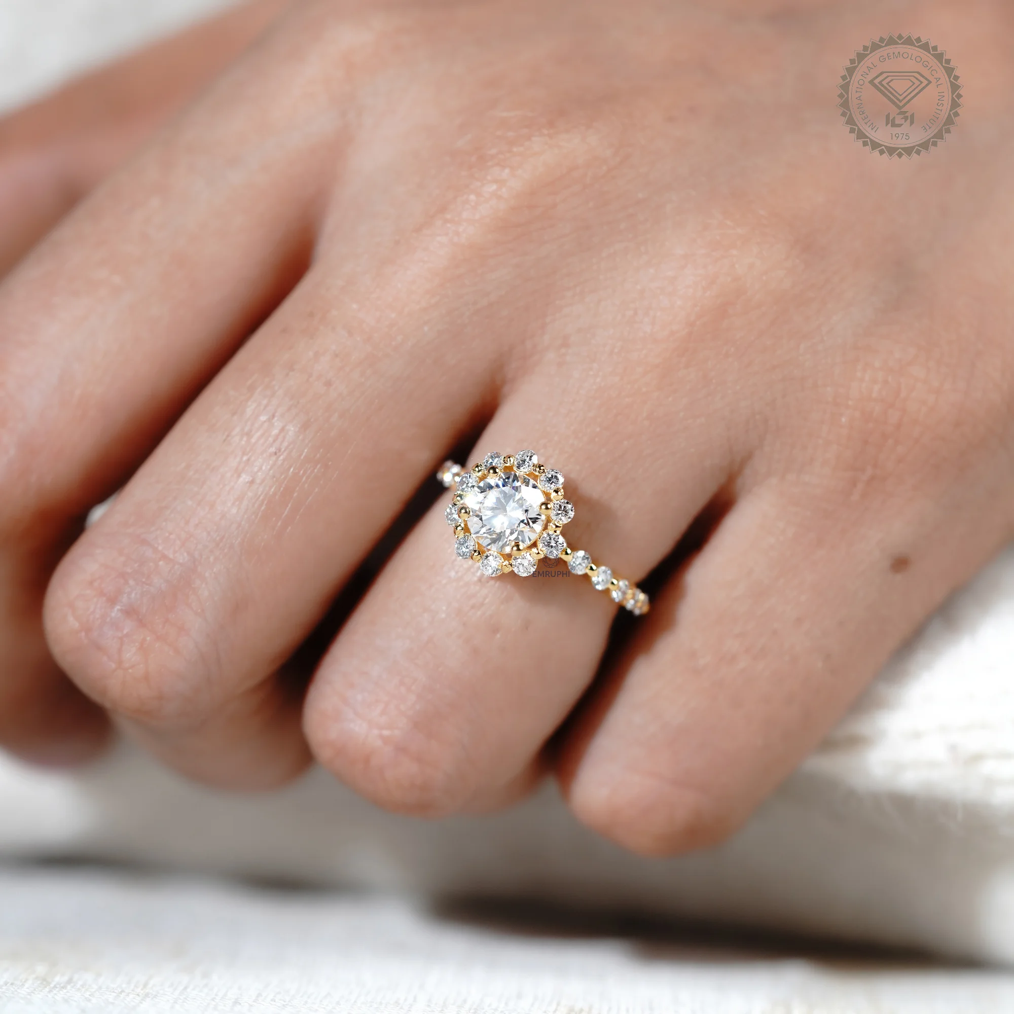 1.00 CT Round Lab Grown Diamond Halo Engagement Ring, 18k Gold Wedding Band — view 10