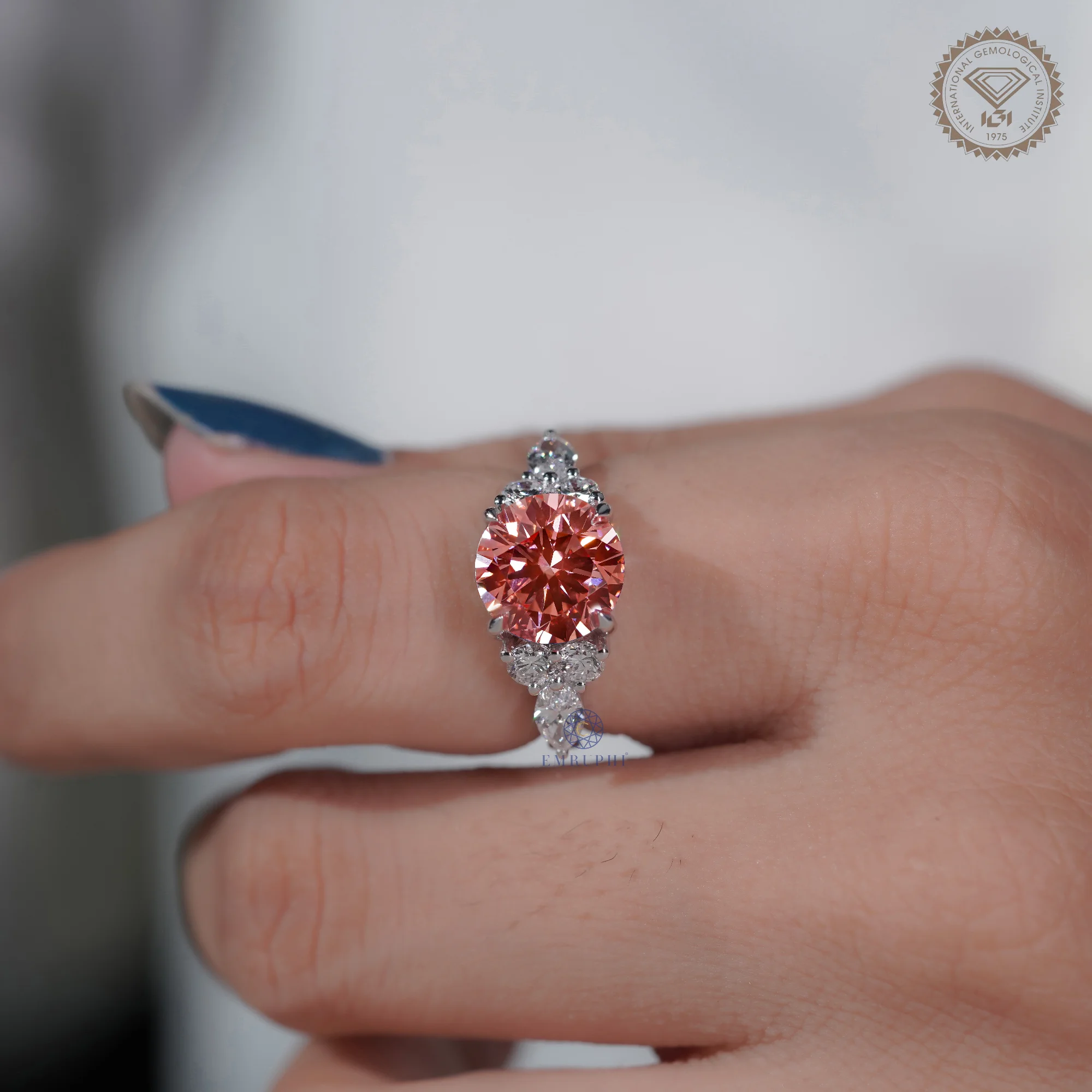 3 CT Round Vivid Pink Diamond Ring, Pink Lab Grown Diamond Engagement Ring — view 5