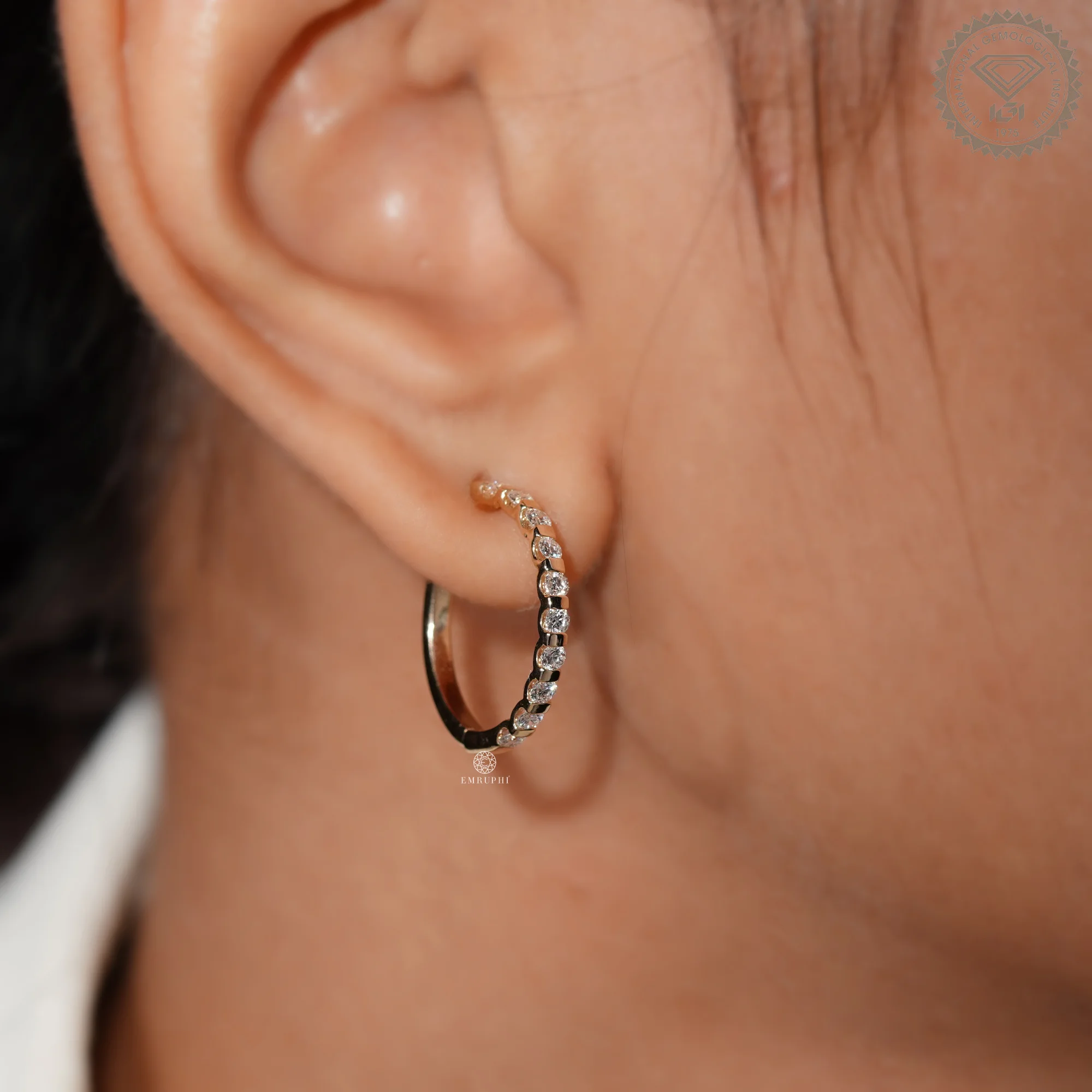 Round Cut Gold Hoop Earrings, Sustainable Dangle Pave Hoops, Channel Set Gold Hoops — view 12