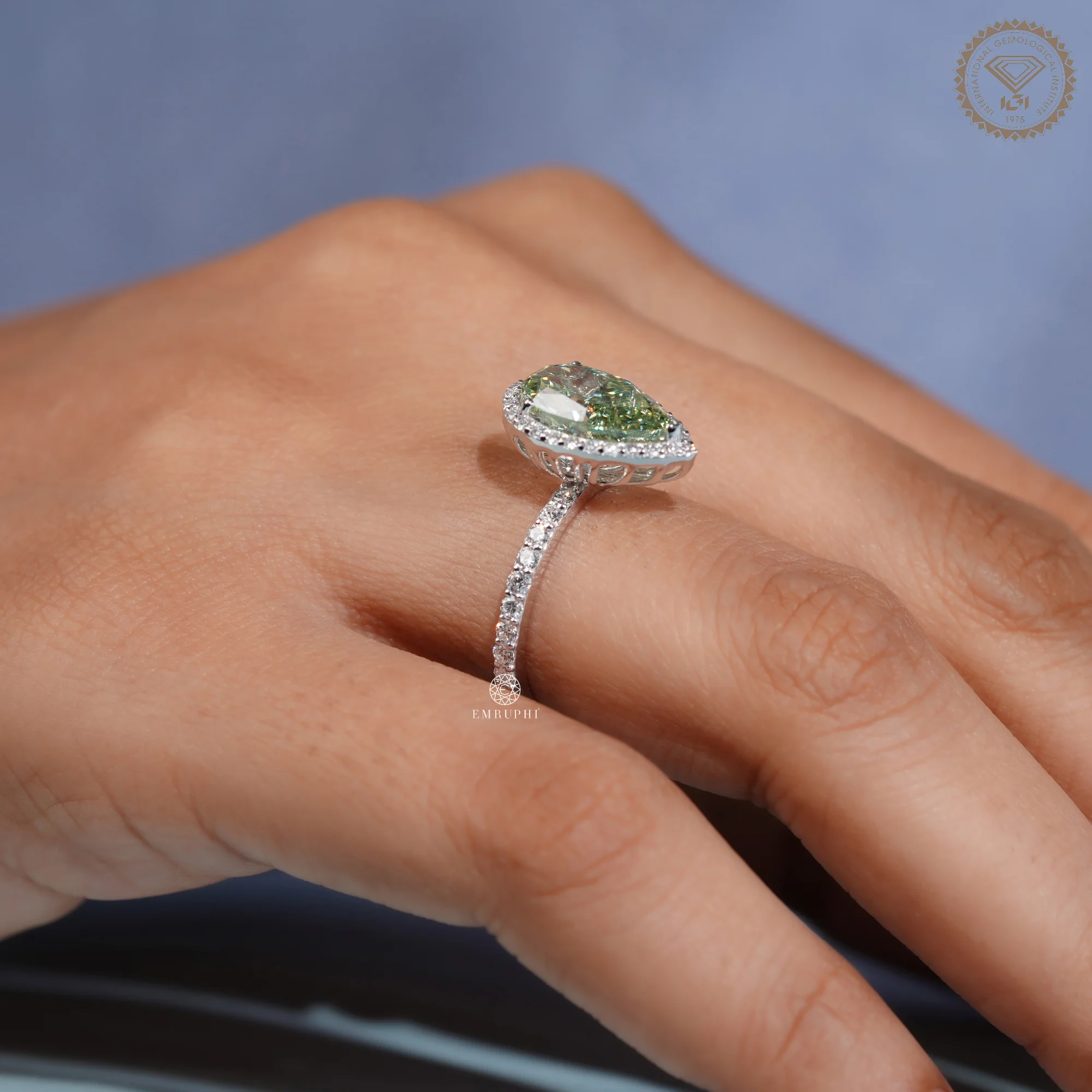 3.5 CT Pear Vivid Green Lab Grown Diamond Halo Ring, IGI Certified, Green Diamond Engagement Ring — view 7