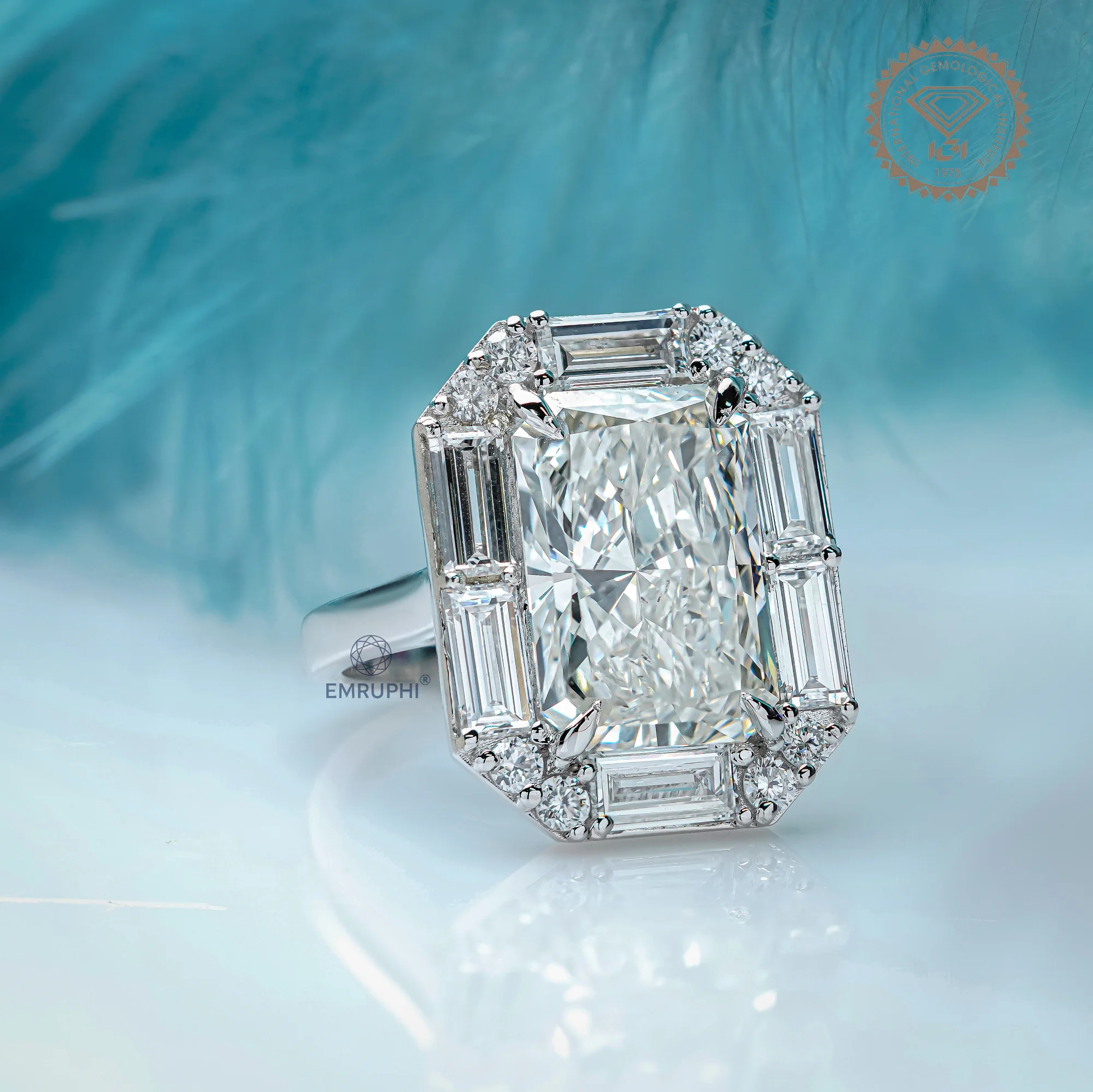 Radiant Cut Lab Grown Halo Diamond Ring, Baguette Diamond Halo Wedding Ring, Conflict Free Diamond — view 3