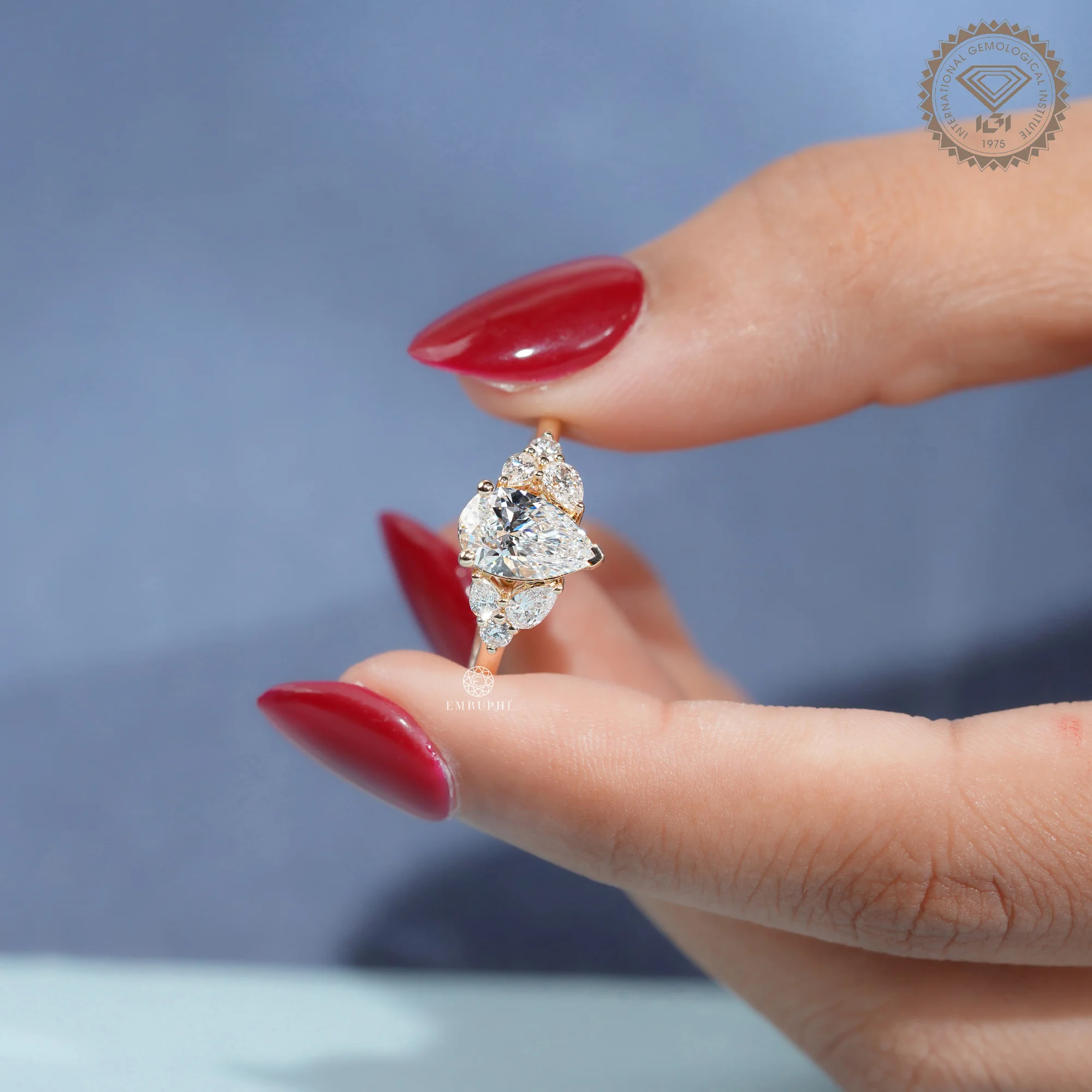 Pear Lab Grown Diamond Cluster Engagement Ring, Vintage Inspired Bridal Jewellery — view 5