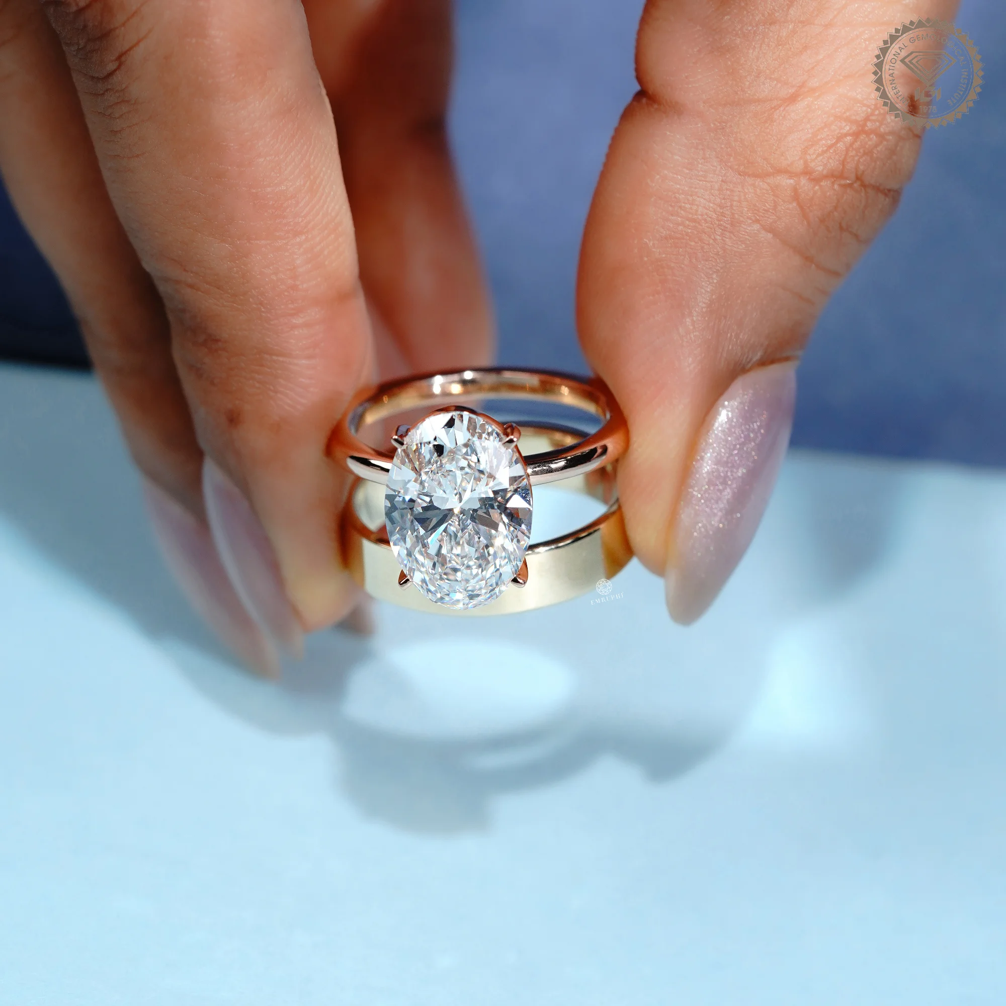 5 CT Oval Lab Grown Diamond Engagement Ring & 5mm Plain Gold Band Ring Set — view 7