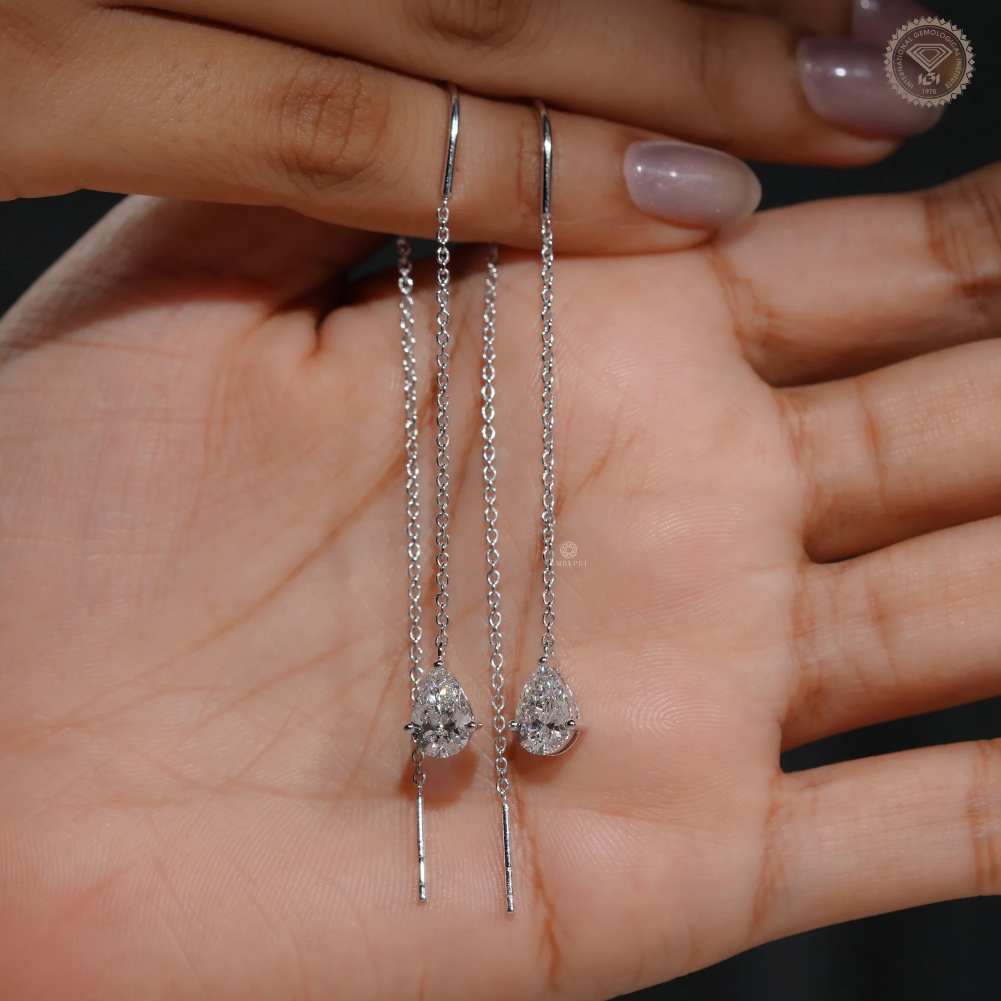 Pear Drop Threader Earrings, White Gold Drop Chain Earrings, Minimalist Long Chain Dangle Earring — view 11
