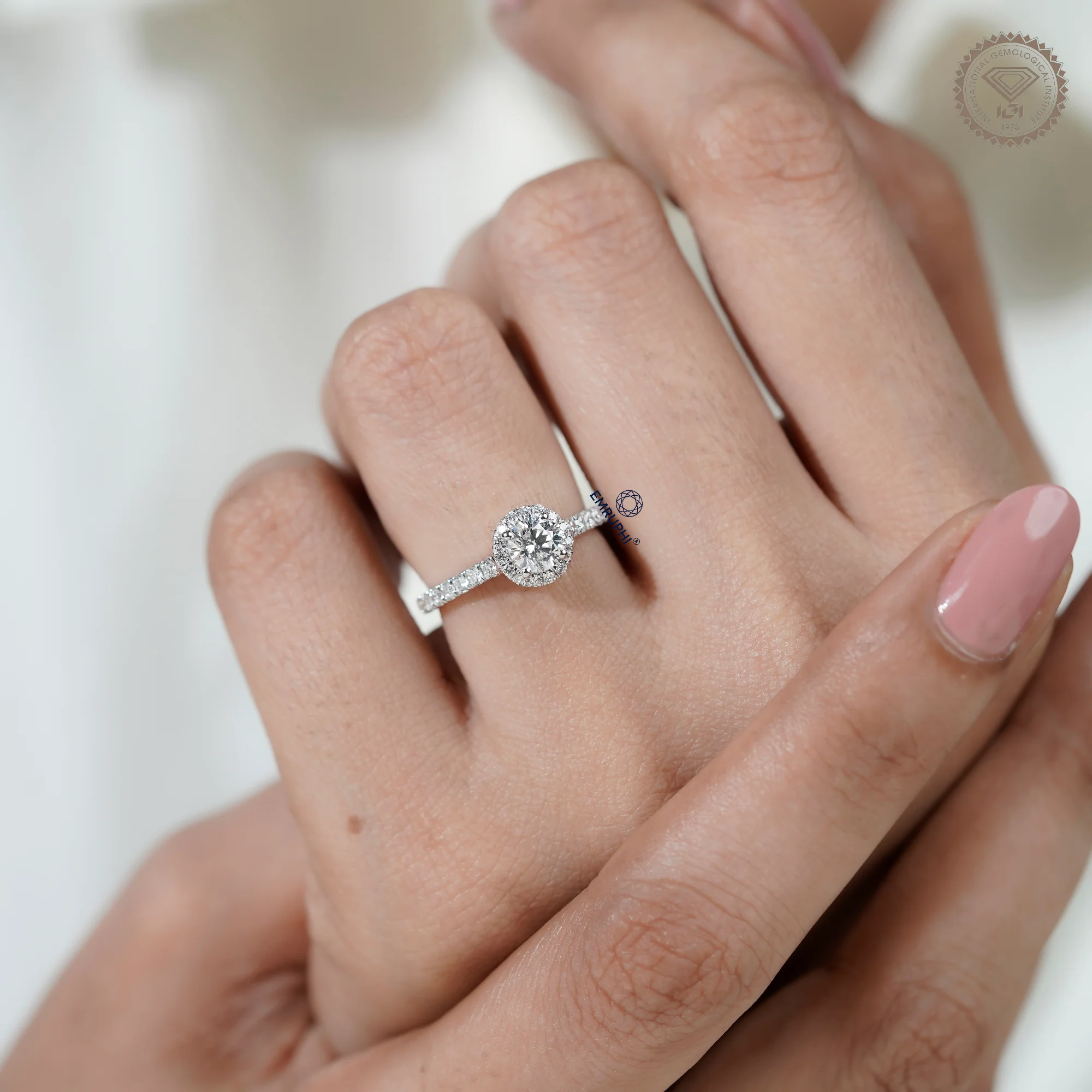 1.00 CT Round Halo Diamond Engagement Ring, Pave Band Halo Ring — view 11