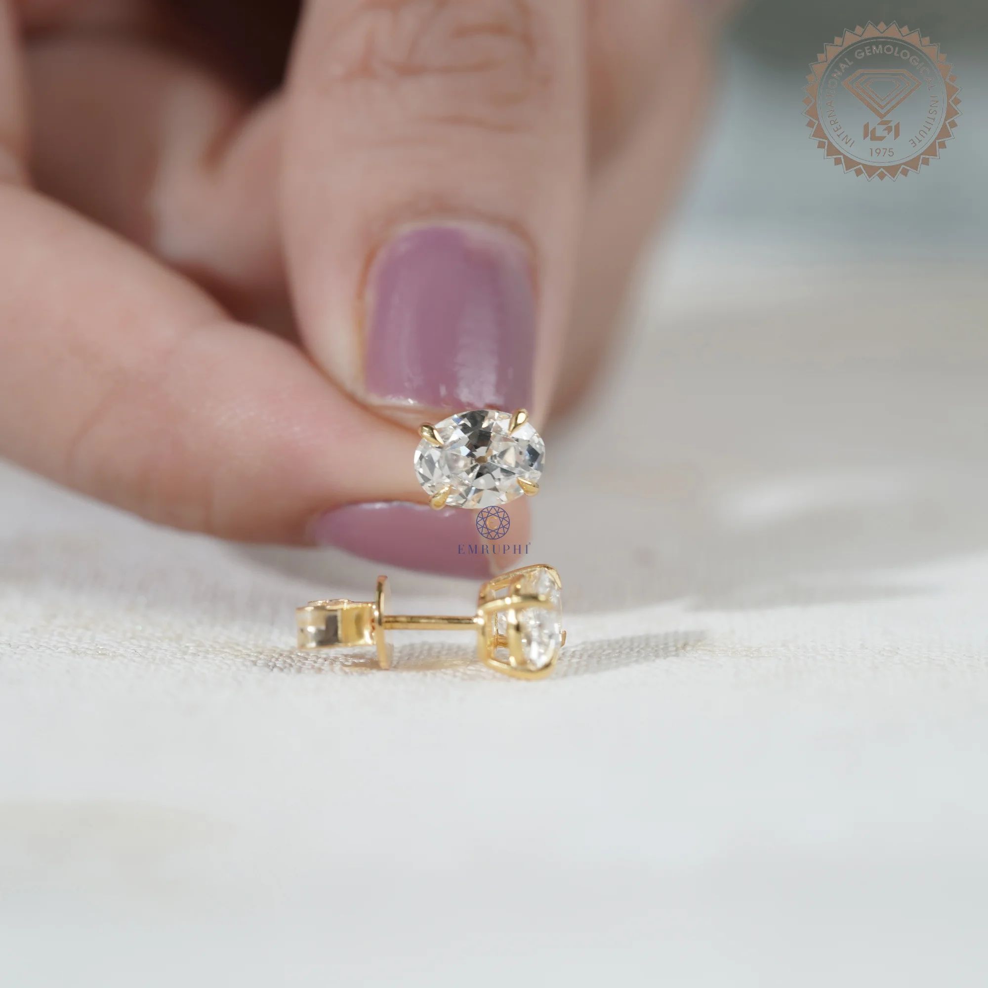 2ct Oval Cut Lab Grown Diamond Stud Earrings, Old Mine Diamond Minimalist Studs — view 12