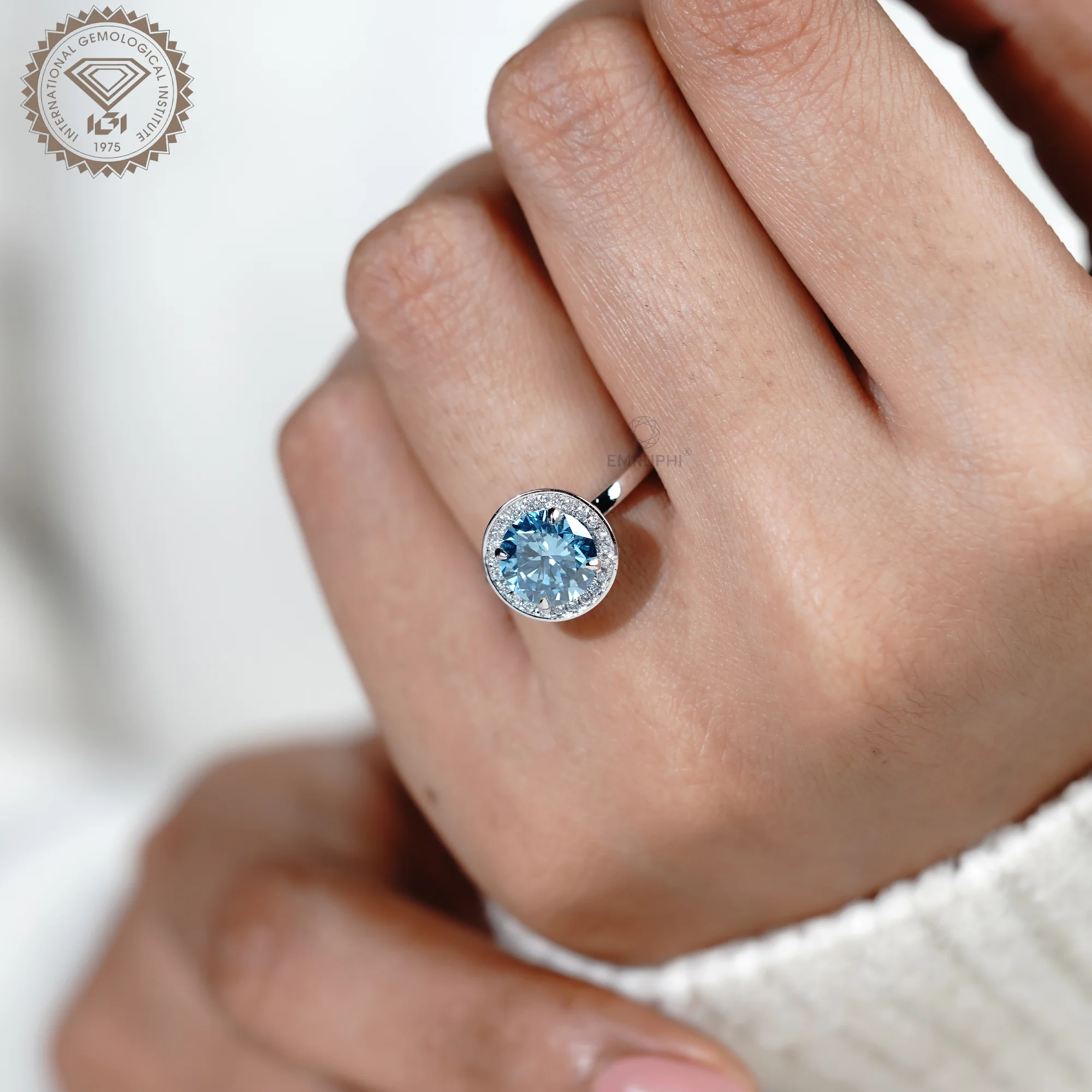 2.00 CT Vivid Blue Round Cut Wedding Ring, Bezel Diamond Engagement Ring, Color Lab Grown Diamond Ring — view 12