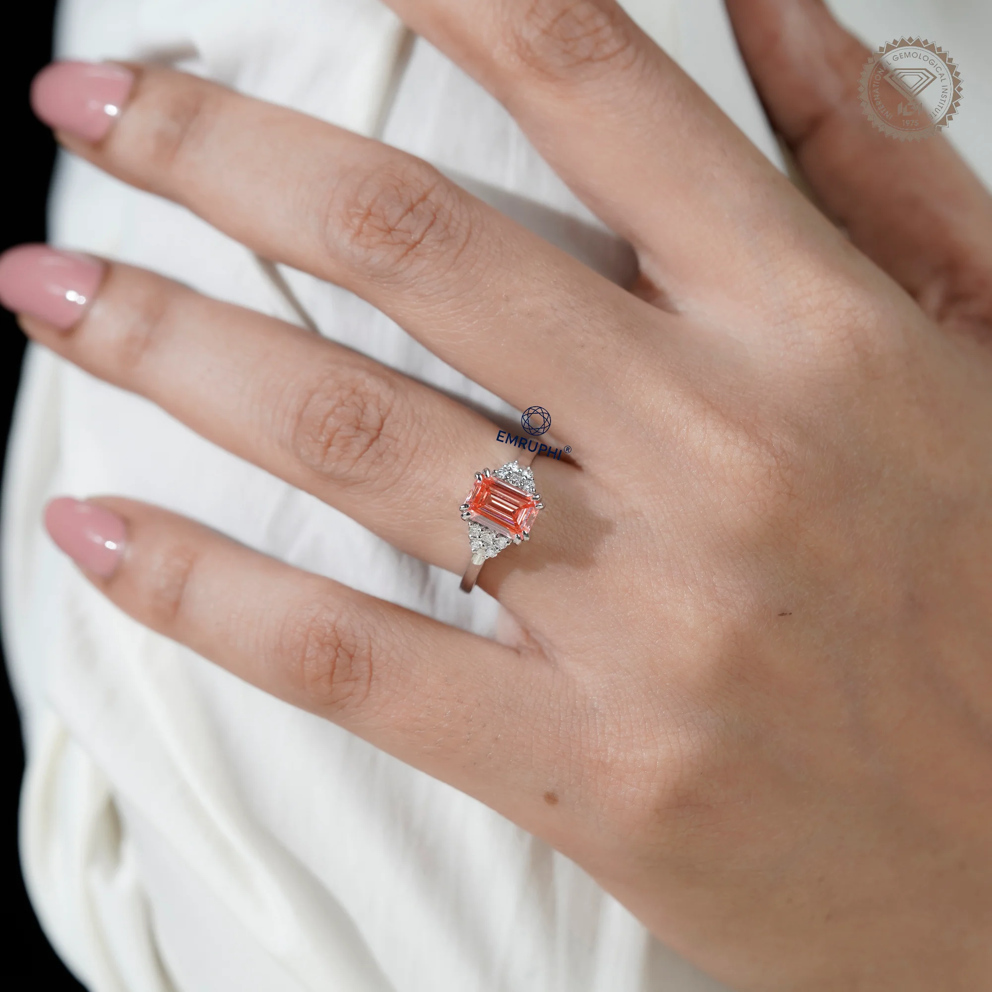 Emerald Cut Vivid Pink Lab-Grown Diamond Cluster Ring, Nature Inspired Ring, Emerald Cluster Ring, Emerald Wedding Ring in 18k Gold — view 11