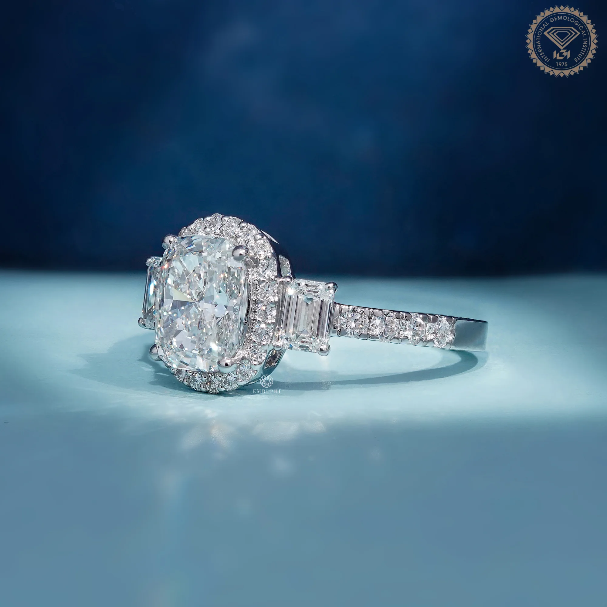Cushion Cut Diamond Halo Engagement Ring, Trapezoid Side Stones, IGI Certified — view 2