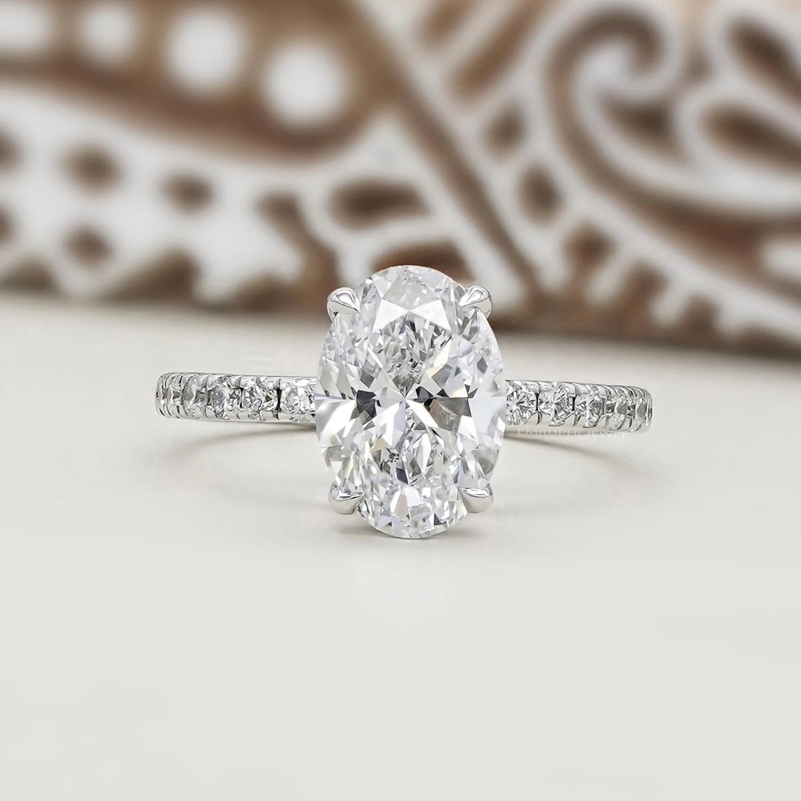2 CT Oval Lab Grown Diamond Engagement Ring, 14k Gold Pave Band, IGI Certified — view 2
