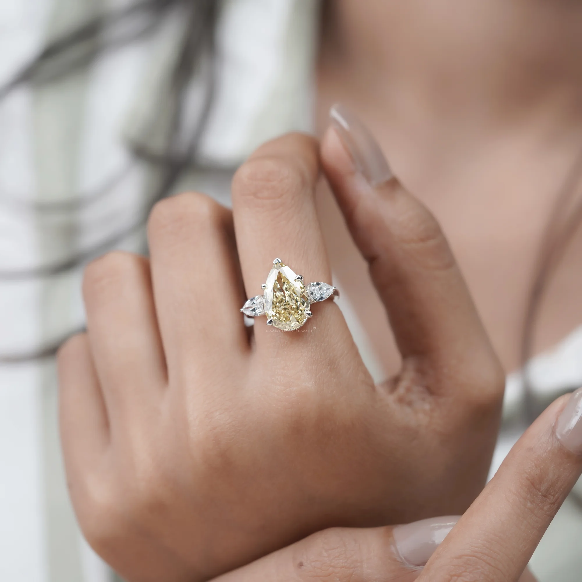 4 CT Lab Grown Yellow Pear Cut Diamond Ring With Side Stones, Three-Stone Wedding Ring — view 8