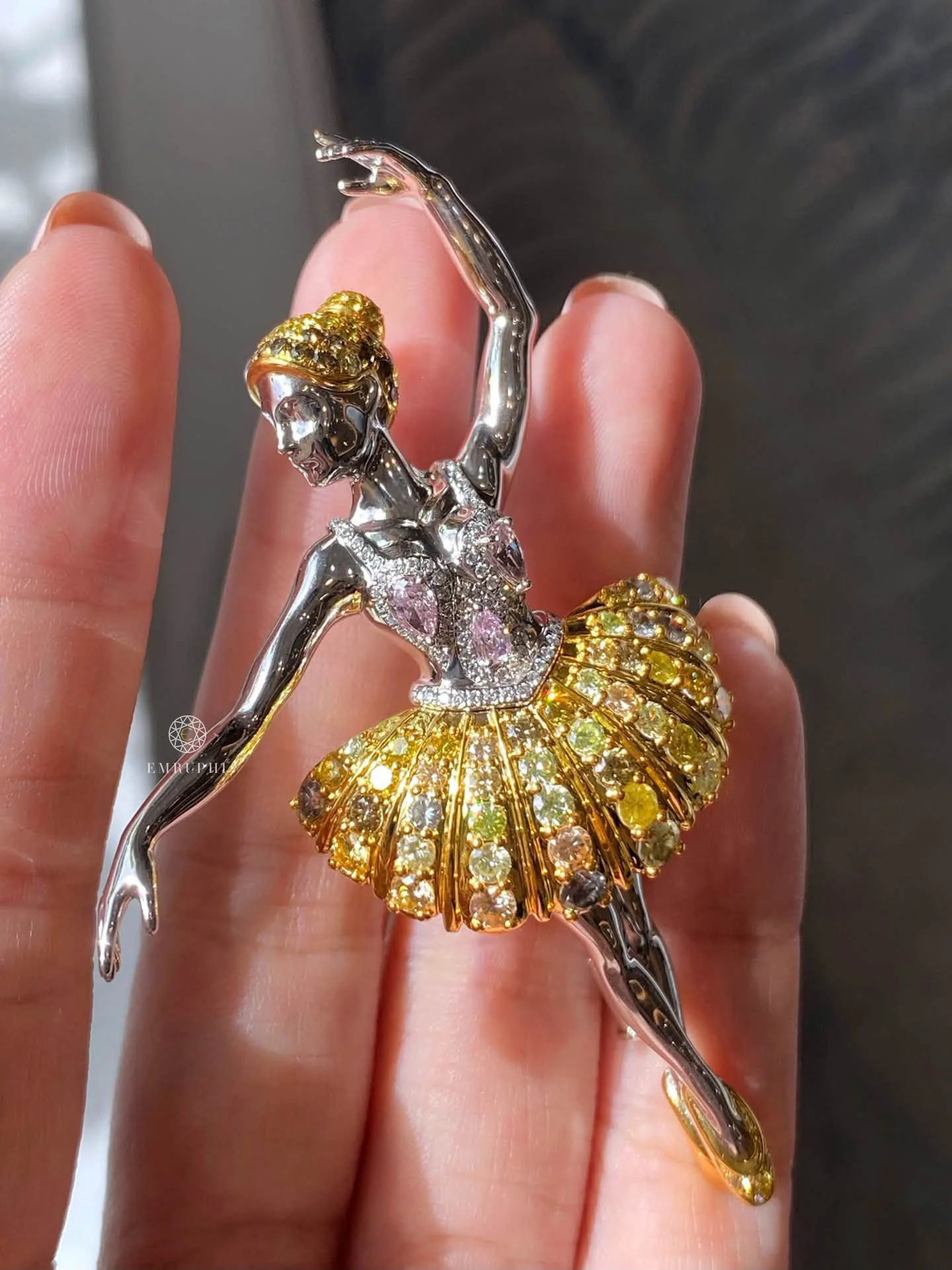 Lab Grown Fancy Yellow Diamond Ballerina Brooch Pendant, Dual Function Ballerina Dancer Pin Necklace — view 7