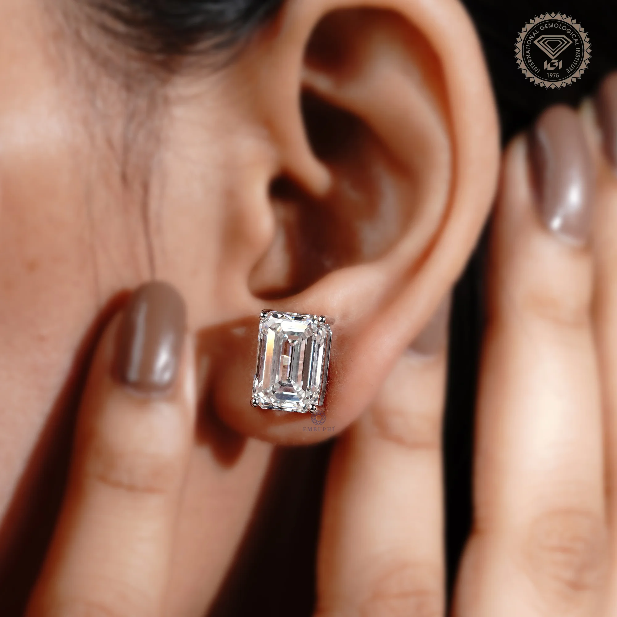 10.00 Tcw Emerald Solitaire Earrings, 14k Gold Prong Setting Emerald Cut Lab Grown Diamond Studs, — view 9