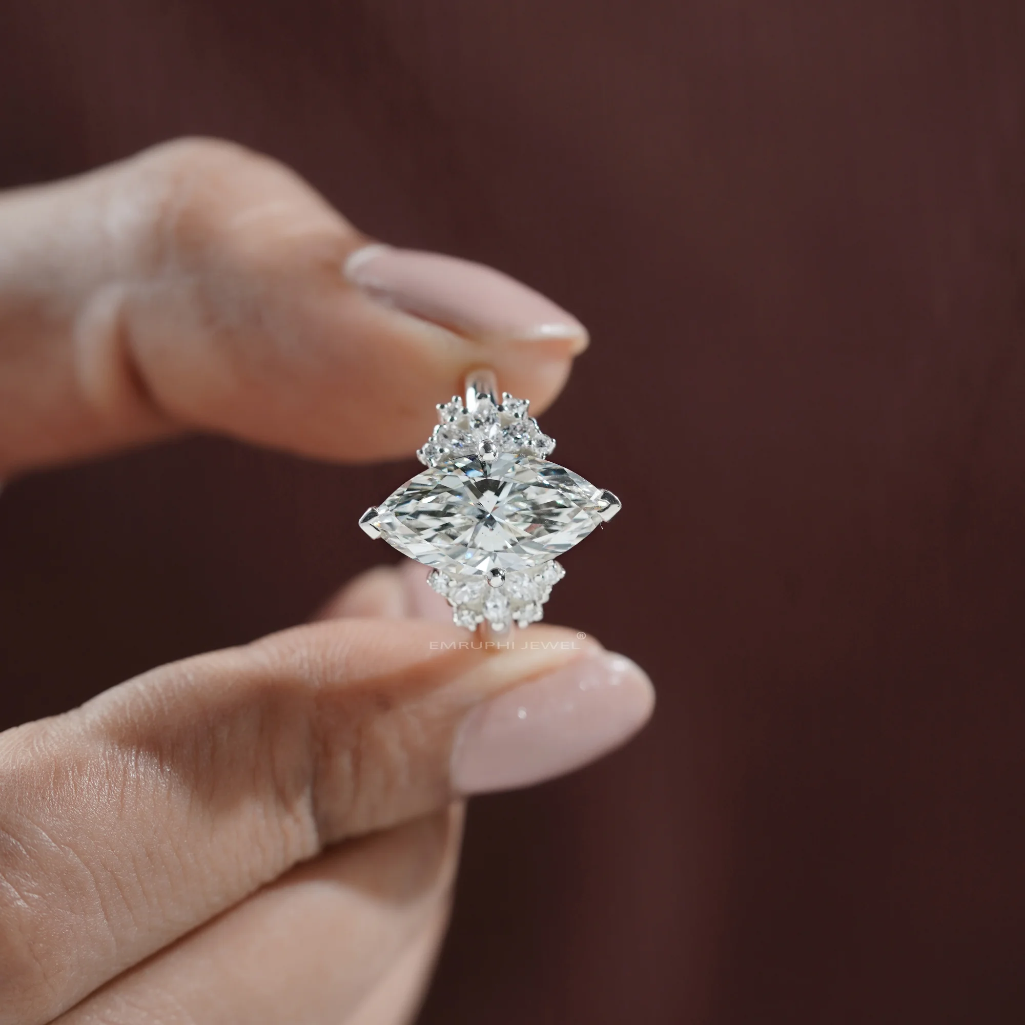 3.50 Carat Marquise Lab Grown Diamond Ring, Gold Cluster Engagement Ring — view 5