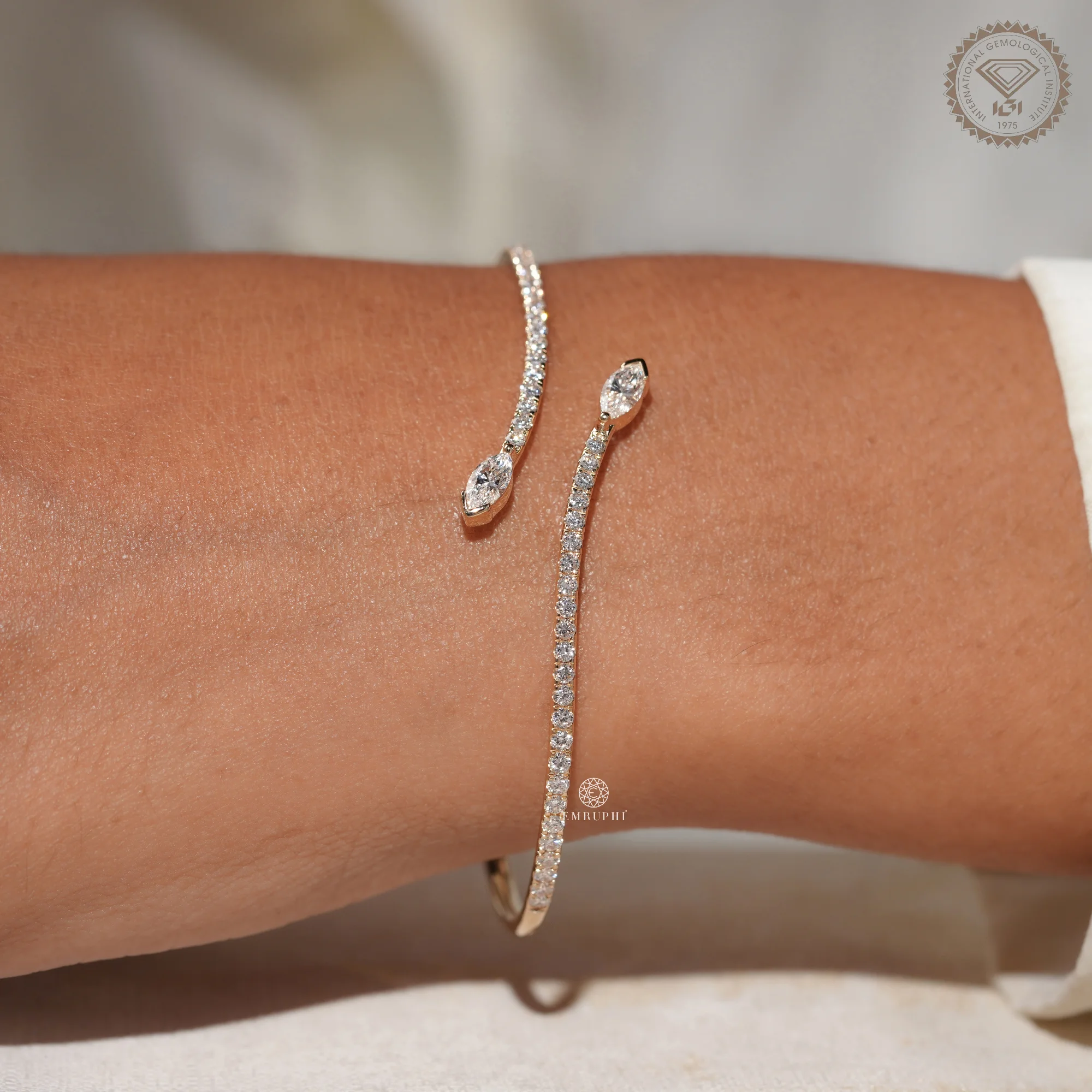Open Cuff Diamond Bangle Bracelet, Marquise Pave Bracelet, 14K Cross Over Bangle — view 10