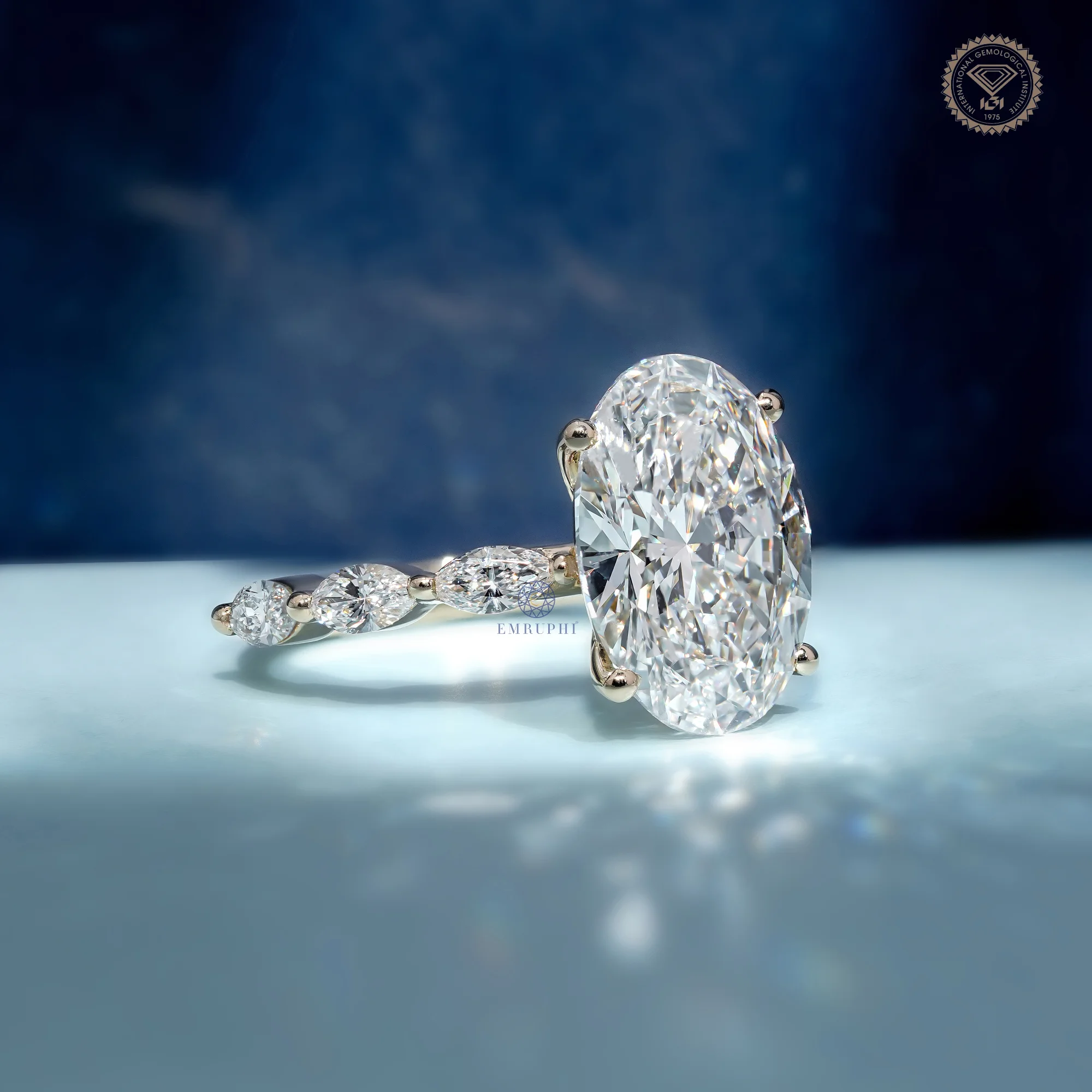 5 CT Oval Lab Grown Diamond Ring, Oval Diamond Engagement Ring, Marquise Side Stone Ring — view 3