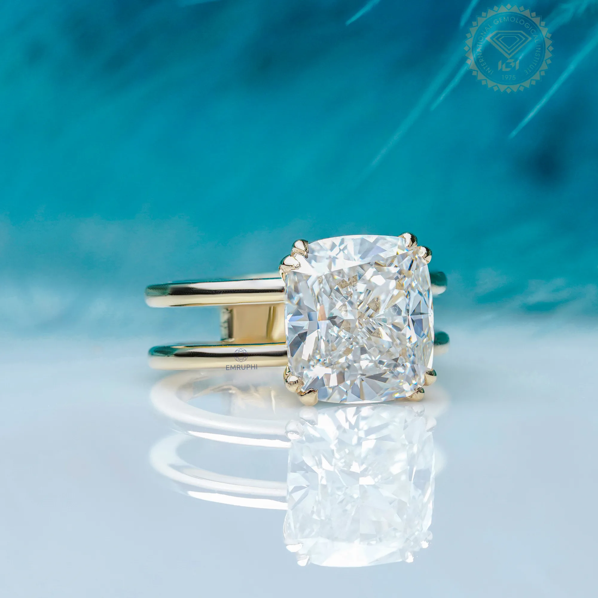 6 Carat Cushion Lab Grown Diamond Engagement Ring, Gold Solitaire Ring — view 3