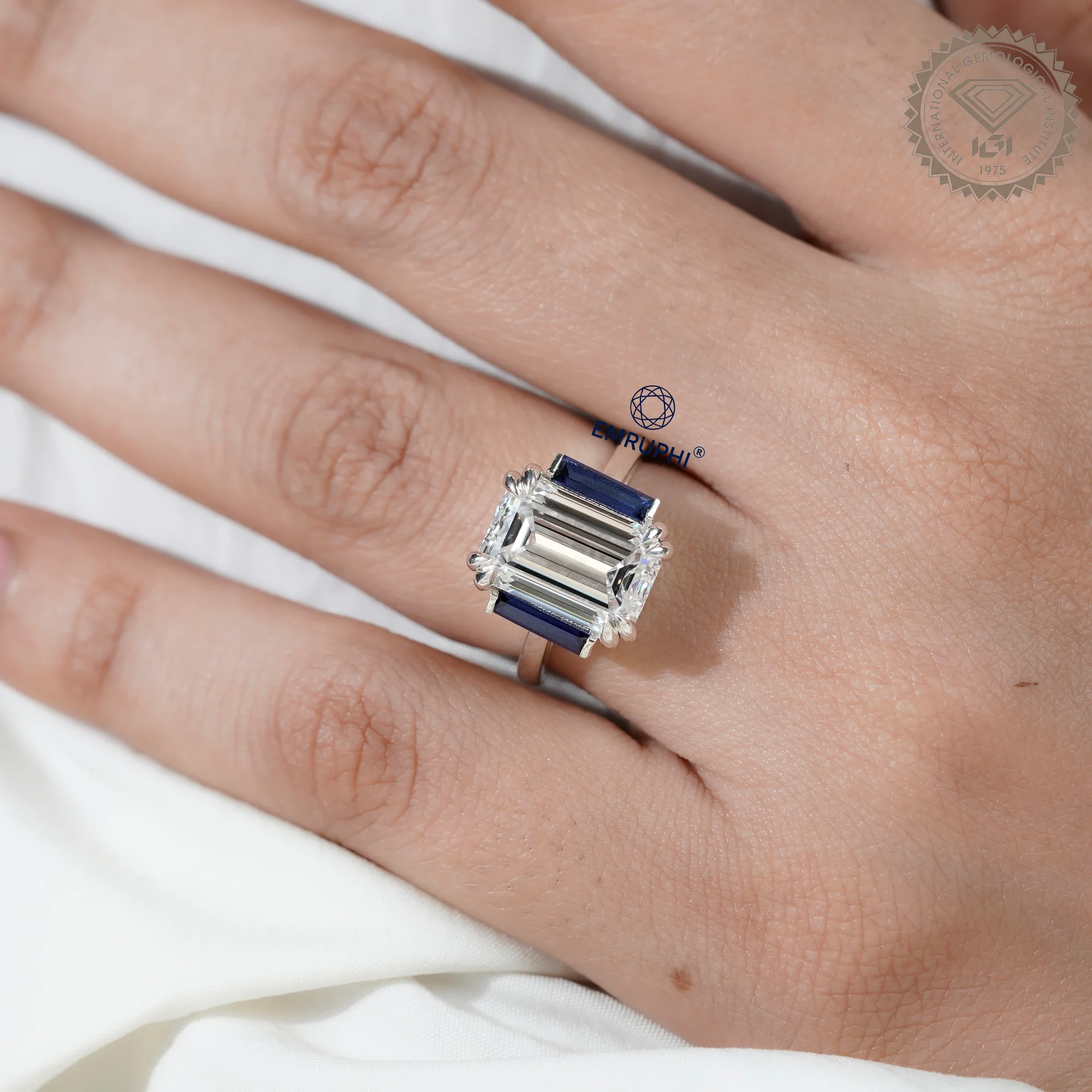 6 CT Emerald Cut Three Stone Engagement Ring with Sapphire Side Stones, Lab Grown Diamond Ring, Vintage Bridal Ring — view 9