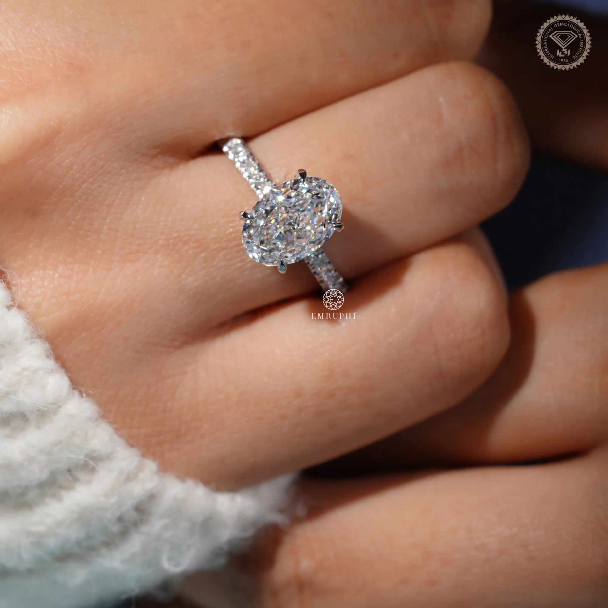 2 CT Oval Lab Grown Diamond Engagement Ring, Classic Solitaire Ring with Round Diamond Eternity Shank — view 9