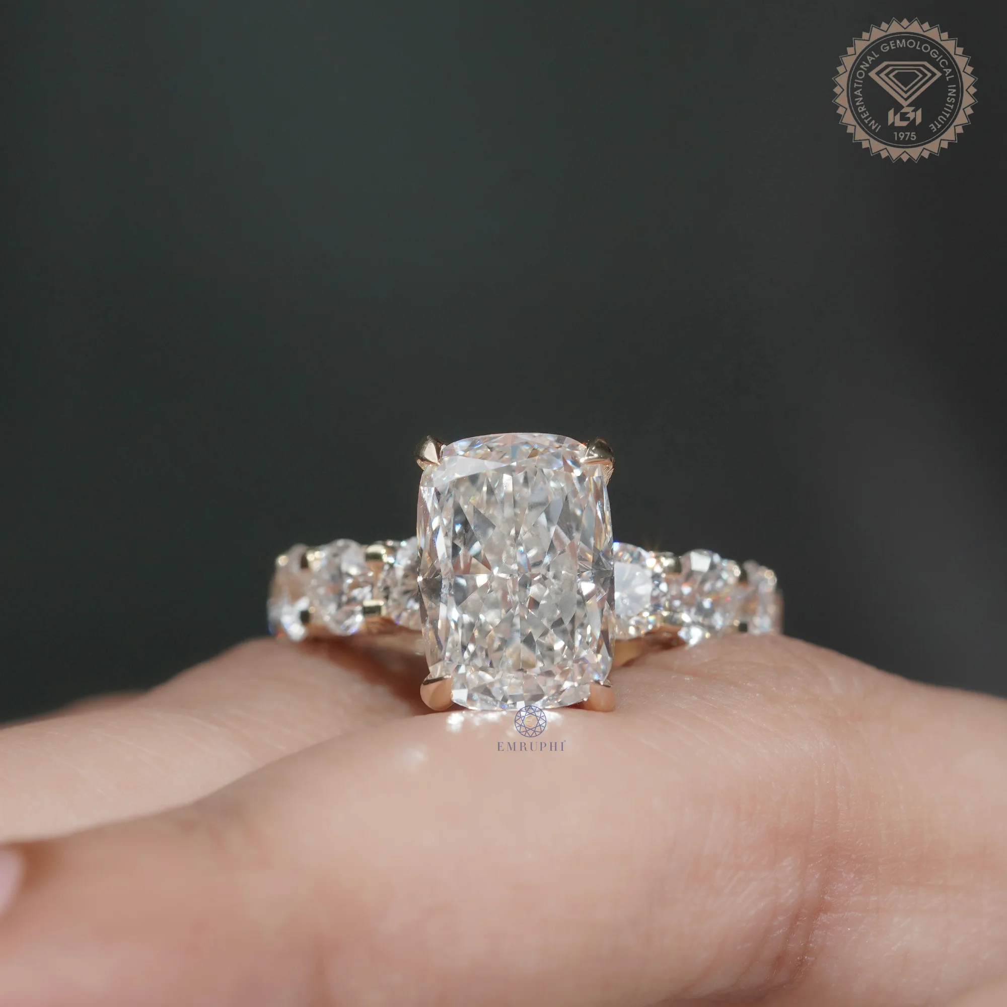 5 CT Cushion Cut Lab Grown Diamond Engagement Ring, Round Diamond Band Ring, 14K Gold Bridal Ring — view 5