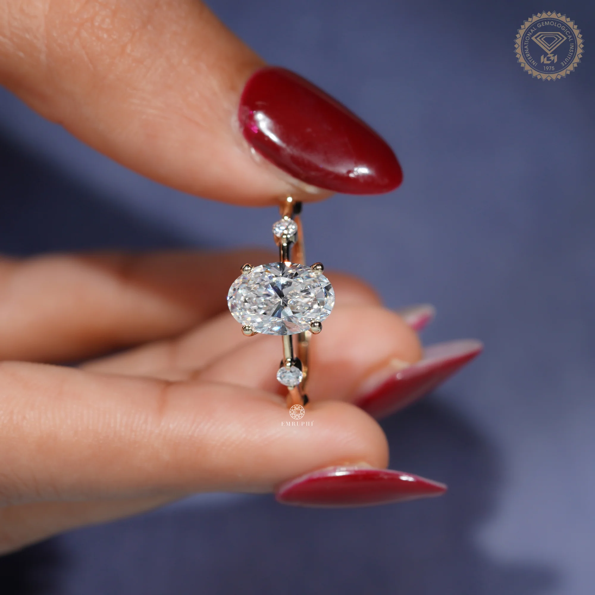 Oval Cut Lab Grown Diamond Engagement Ring, Distance Band Oval Ring, Floating Diamond Shank — view 9