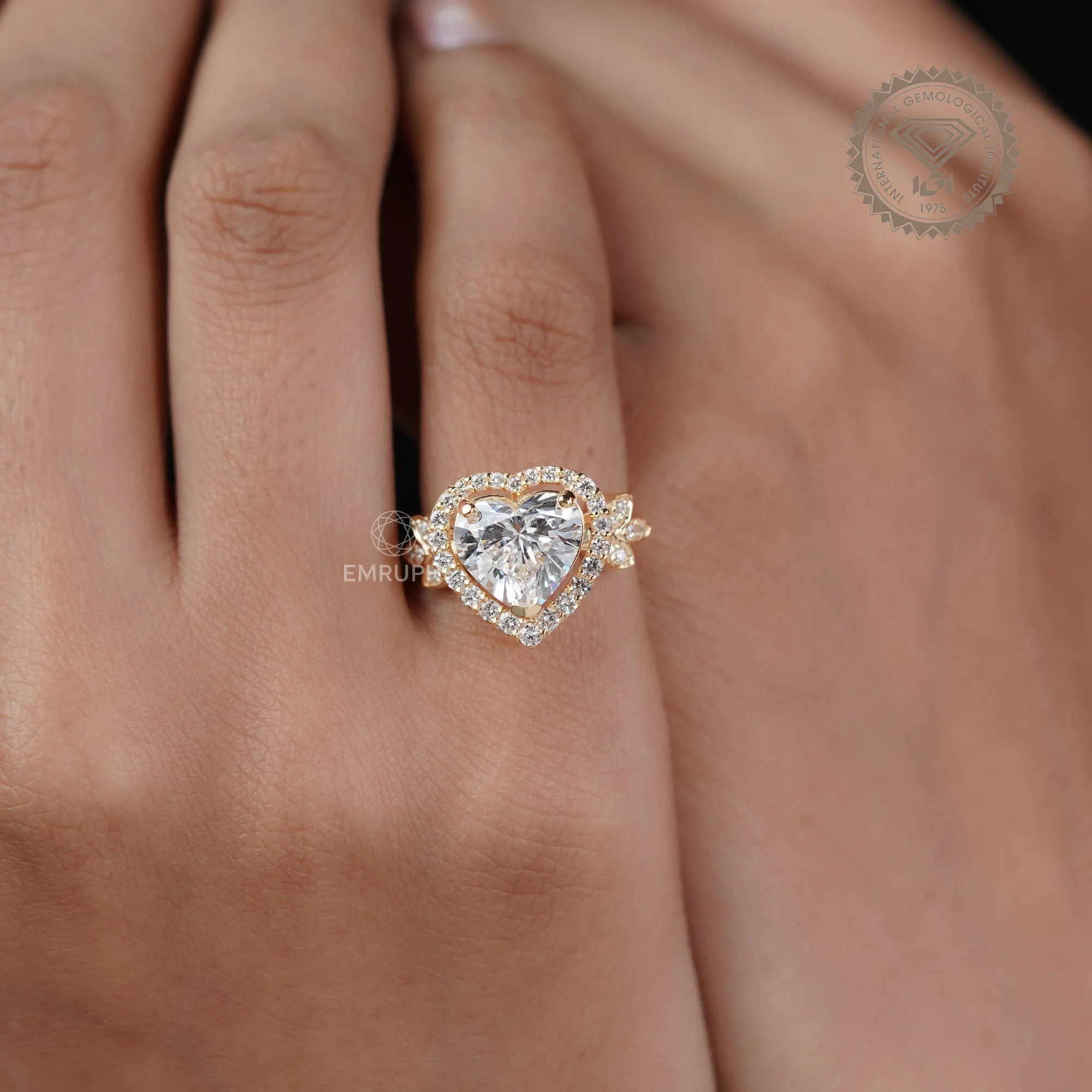 Heart Cut Halo Lab Grown Diamond Ring with Floral Side Accents, Romantic Heart Engagement Ring — view 9