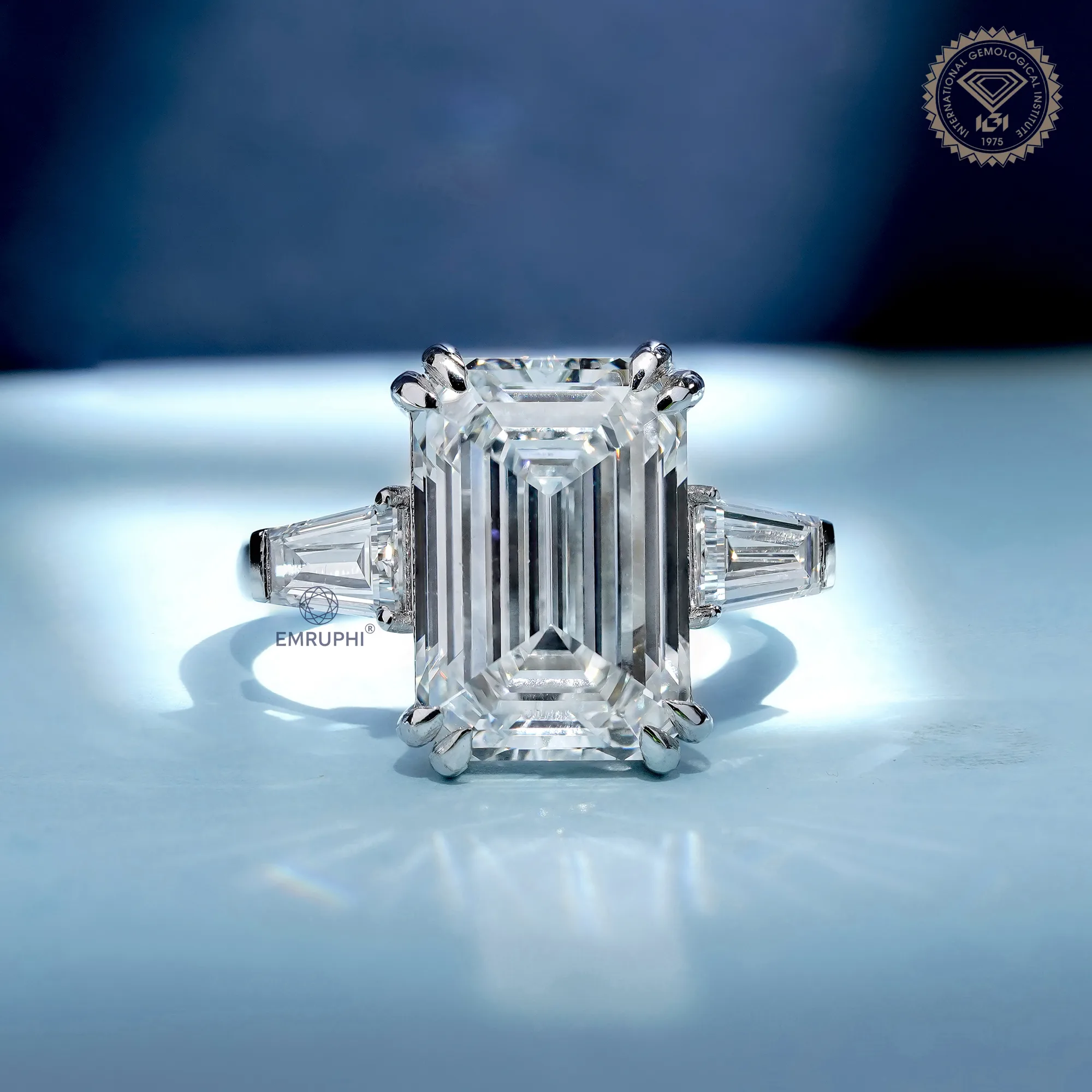 7 Carat Emerald Cut Lab Grown Diamond Engagement Ring | Trapezoid Side Stones