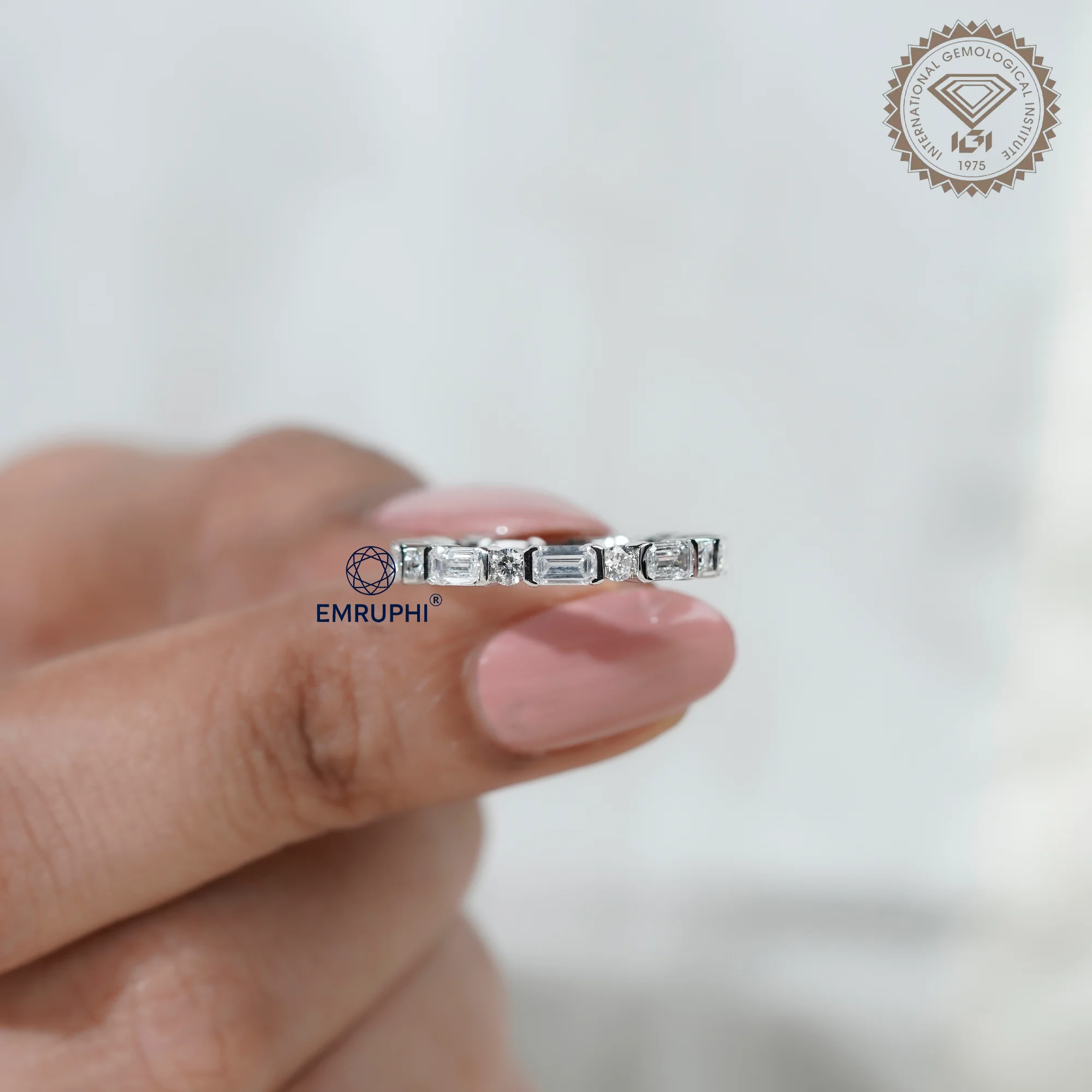 Emerald and Round Lab Grown Diamond Alternating Band, Dainty Wedding Ring — view 5
