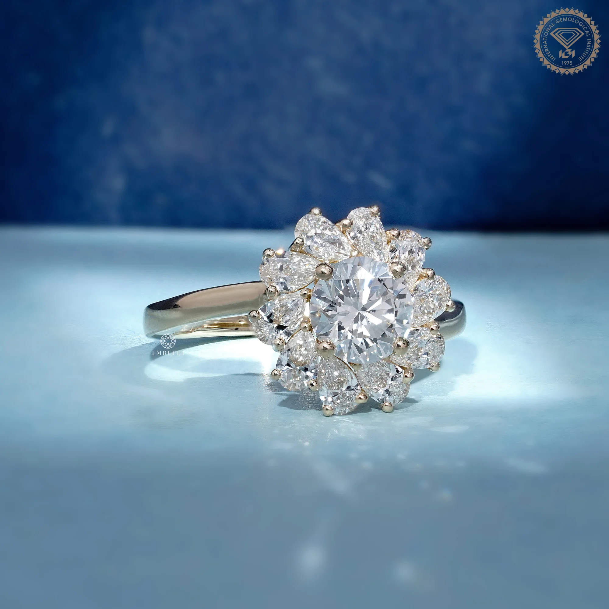 Round Cut Lab Grown Diamond Floral Halo Ring, Pear Diamond Sunburst Engagement Ring — view 3