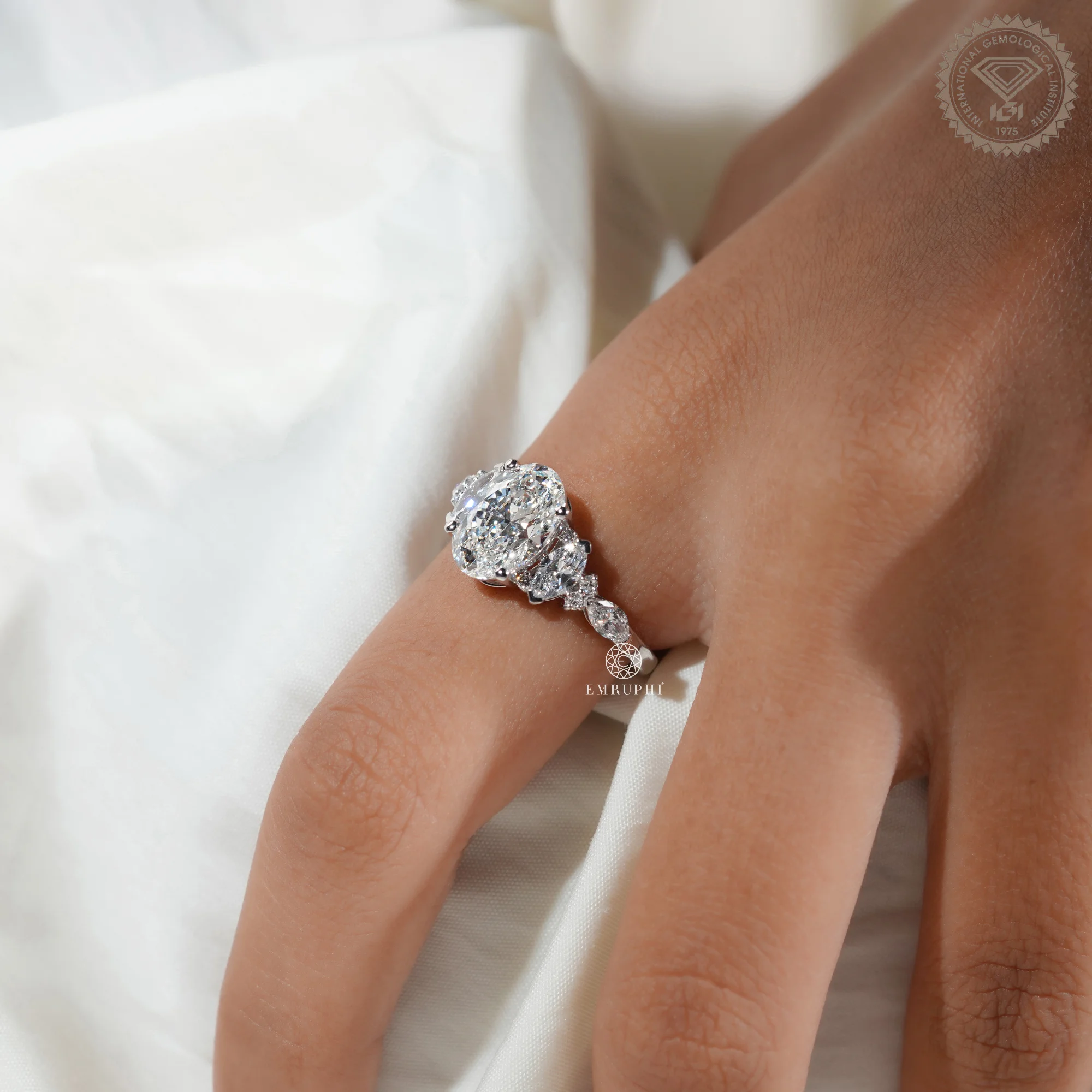 Oval Cut Lab Grown Diamond Engagement Ring, IGI Certified, Marquise Side Stones — view 10