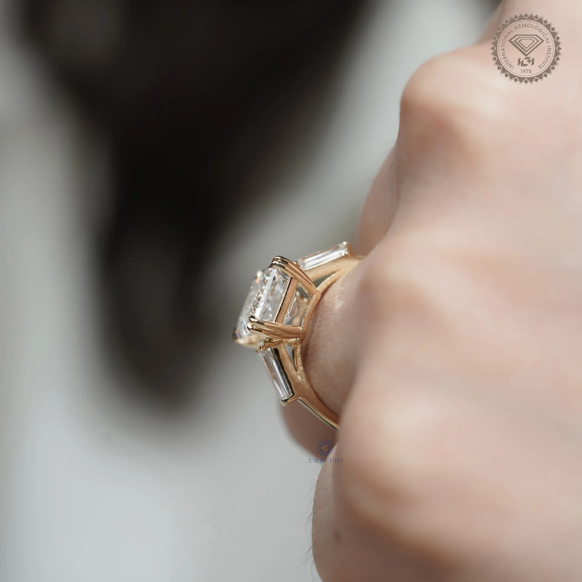 5 CT Emerald Lab Diamond Engagement Ring in 14k Gold, Three Stone Emerald Ring with Trapezoid Side Diamonds — view 14